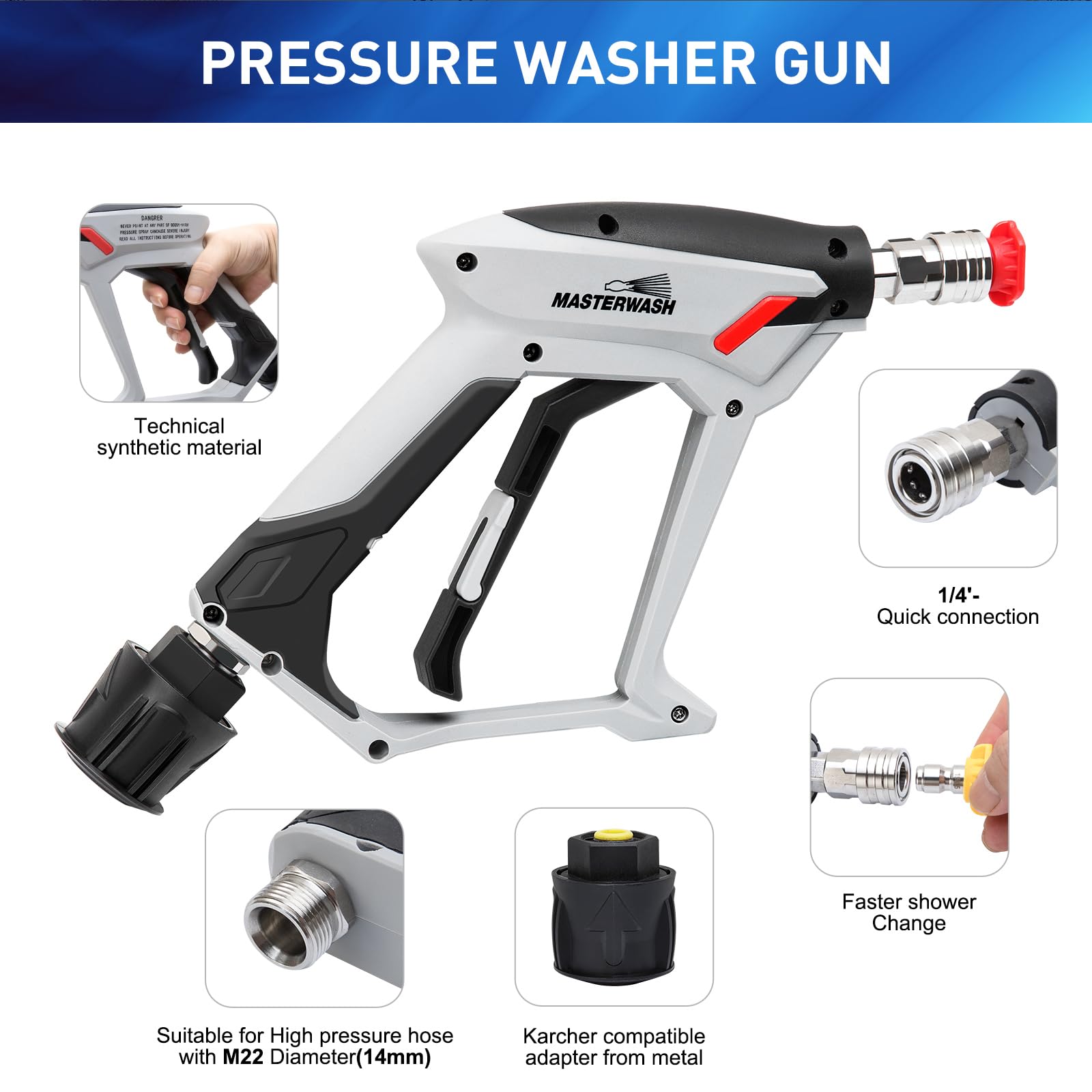 4000 PSI pistola per la lavatrice ad alta pressione con 5 punte dell'ugello d'acqua, accessori per la lavatrice a pressione a lancia corta, connettore per tubo M22 14MM per Karcher K1-K7
