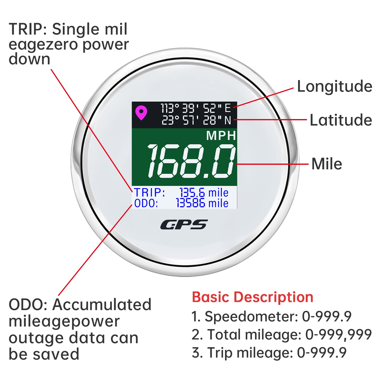 Tachimetro GPS da 52 mm, contachilometri digitale, impermeabile, MPH Km/h, nodo regolabile, per auto, barca, moto, camion