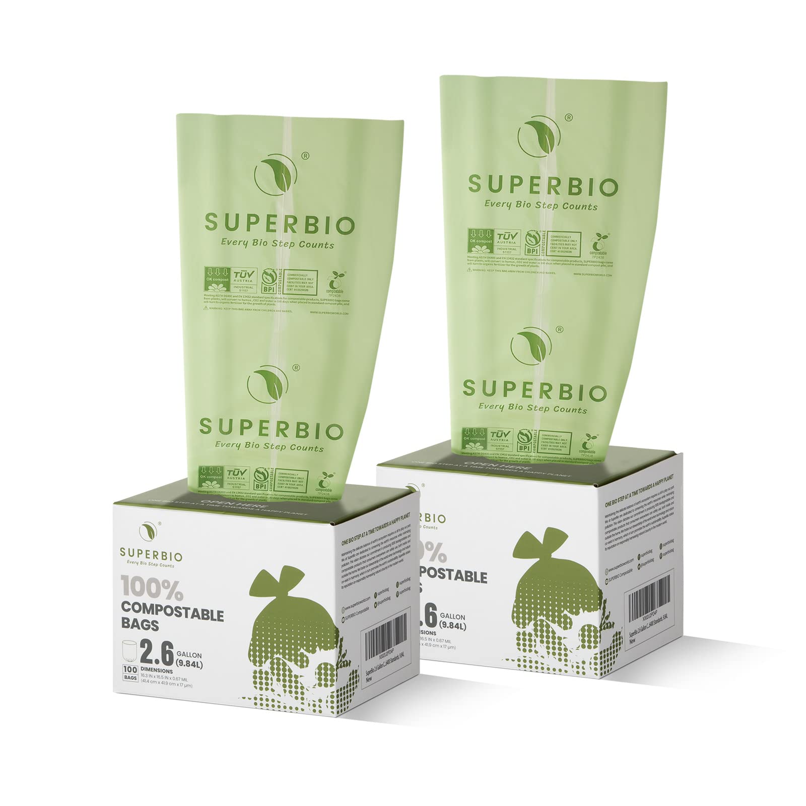 SUPERBIO 2.6 Gallon Flat Top Compostable Food Waste Bags, 100 Count, 2 Pack,9.84L, Food Scrap Bags, BPI Certified and OK compost INDUSTRIAL