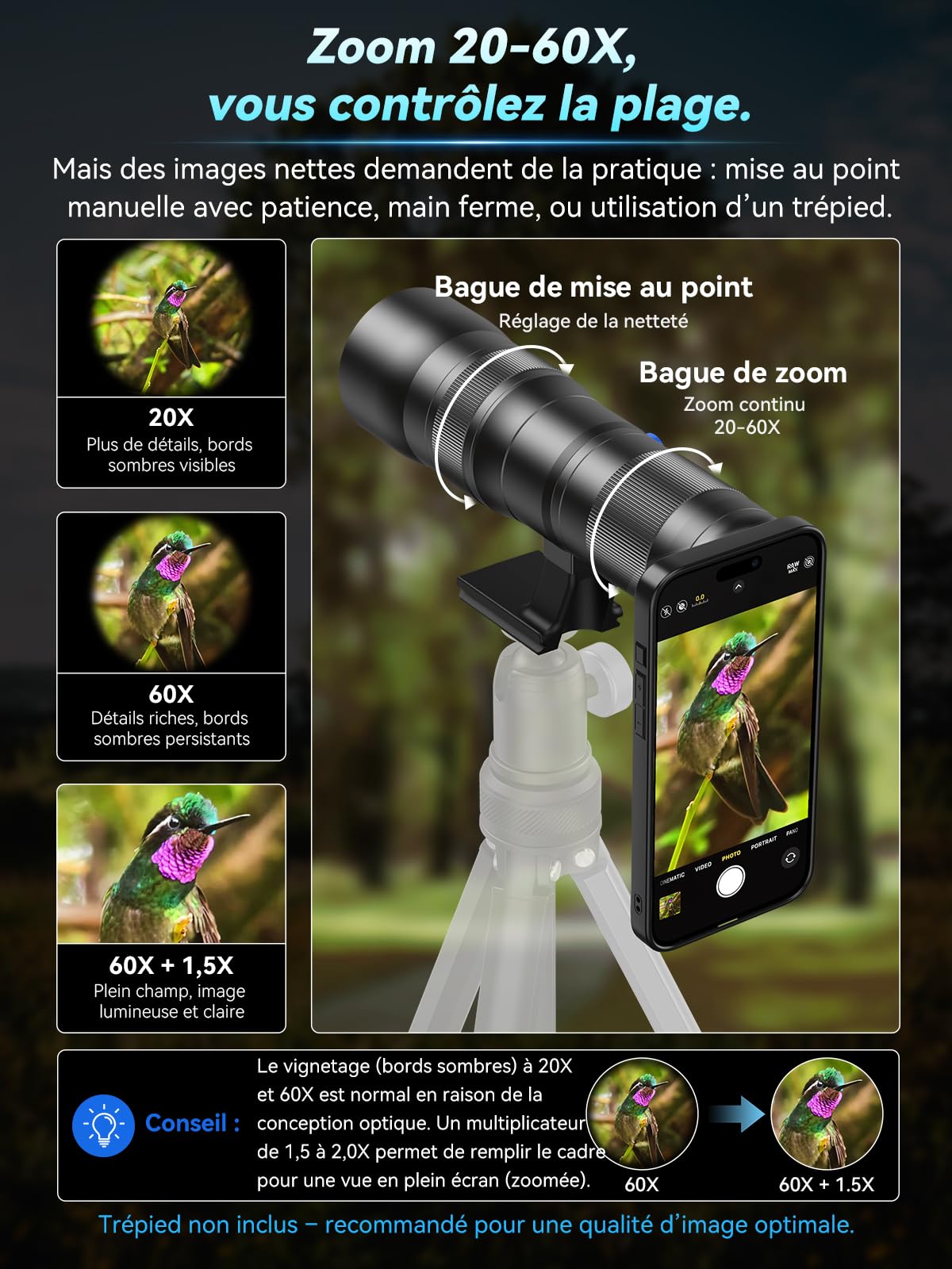 APEXEL Objectif Zoom 20-60x avec étui intégré pour iPhone 15 Pro Téléobjectif Pro Professionnel