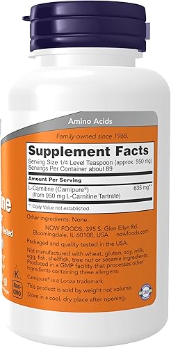 Miniatura 2 de NOW Suplementos L-carnitina tartrato de L-carnitina polvo puro aumenta la energía celular aminoácidos 3 onzas