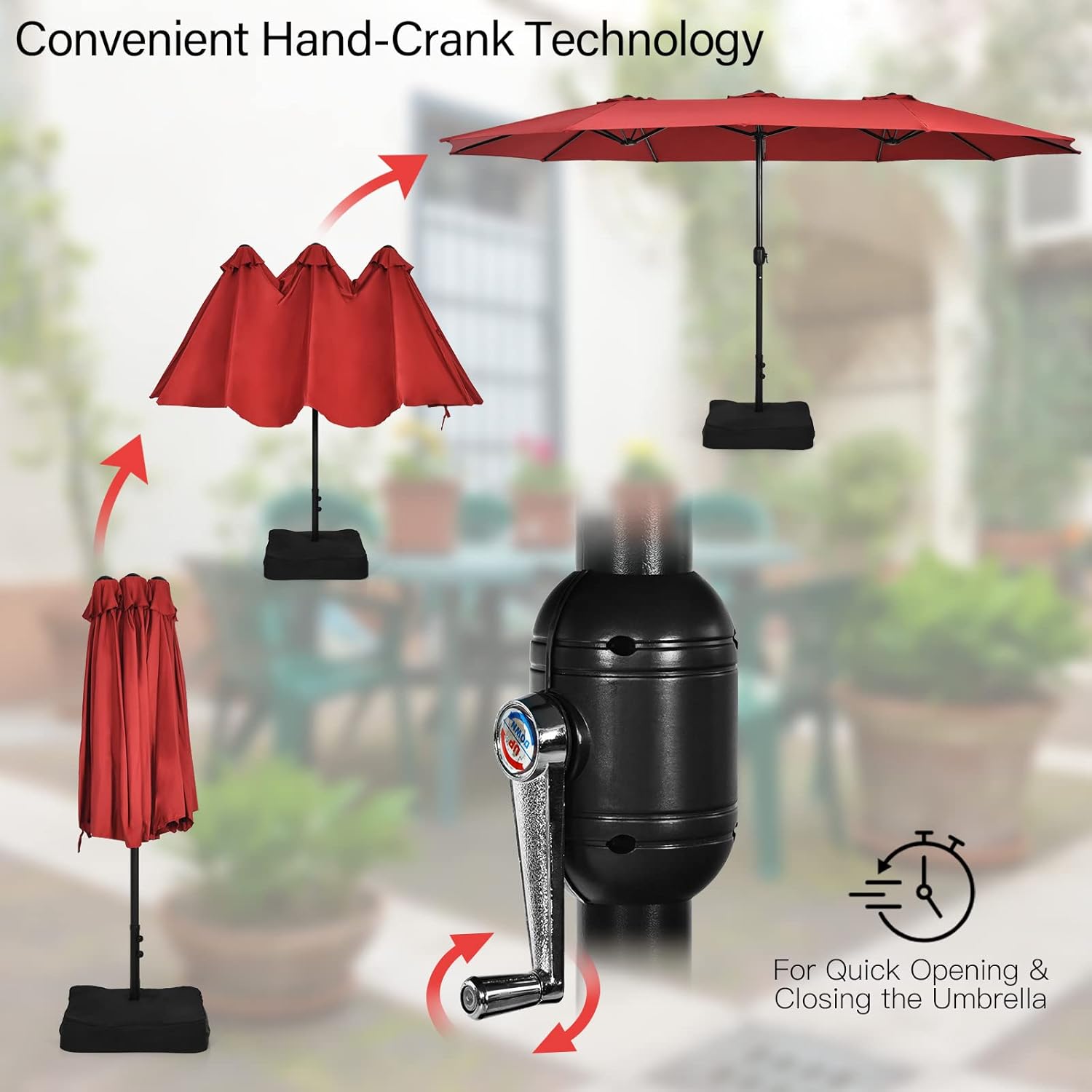 Tangkula 15FT Double-Sided Patio Umbrella with Base, Extra-Large Market Umbrella W/Crank System, Outdoor Twin Umbrella W/ 12-Rib Metal Structure & Air Vents for Garden, Backyard, Poolside (Burgundy)