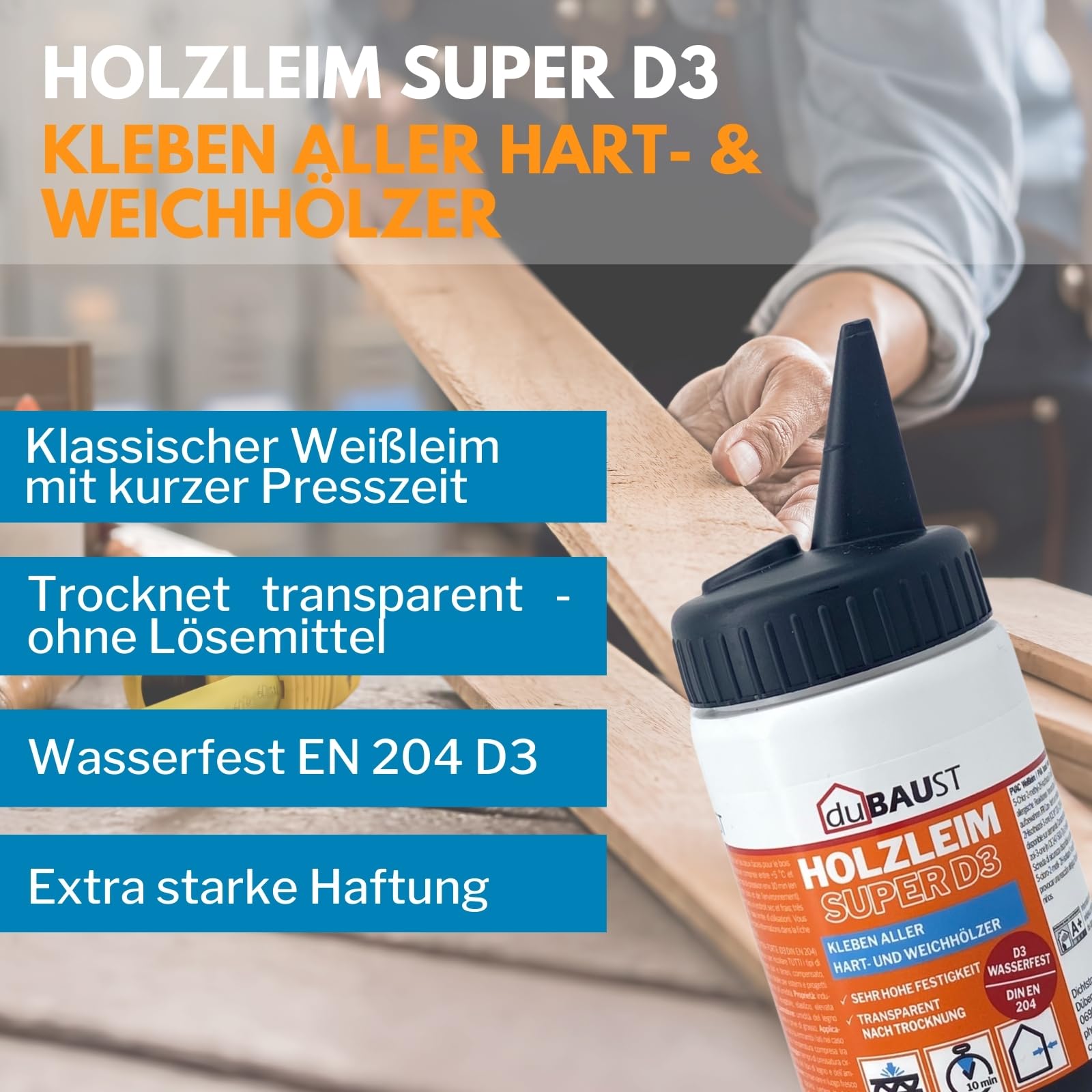 6x dubaust WOD24 Schnelltrocknender D3 Holzleim, wasserfest, für Hartholz und Weichholz, weiss - nach dem Aushärten transparent 500g Flasche