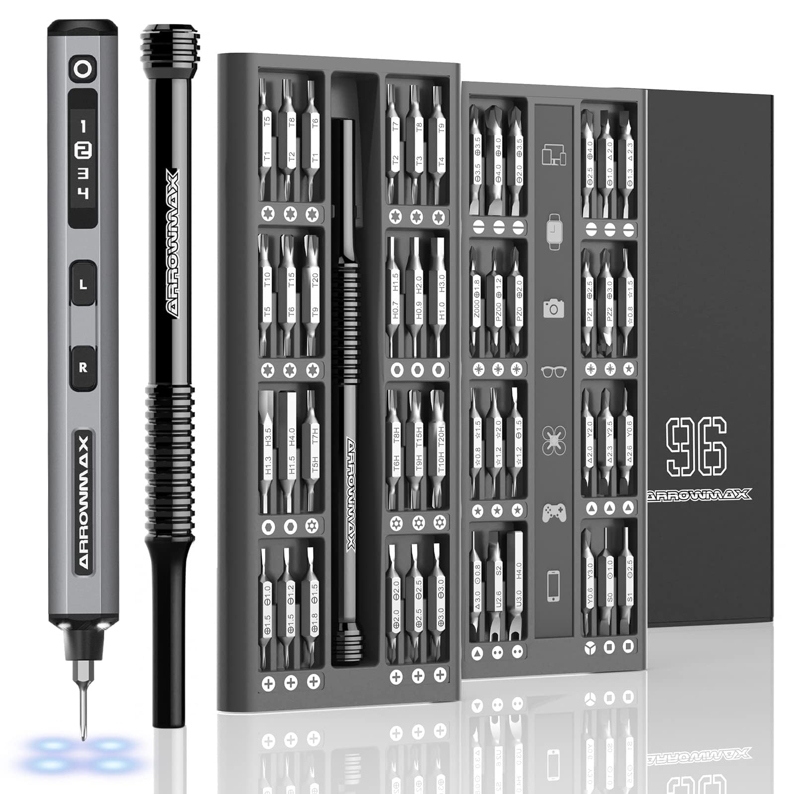 ARROWMAXElectric Screwdriver, 102 in 1 Precision Screwdriver w/ 96 Magnetic Bits, 4 Torque Modes, Red Dot, IF Winning Design, Rechargeable Mini Cordless Screwdriver for Phone,(SES Plus),Space Grey