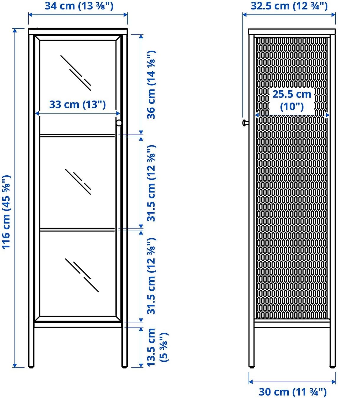 Glass-Door Cabinet, Metal/White, 13 ⅜″ × 11 ¾″ × 45 ⅝″ – Slim Display Storage with Tempered Glass Shelves and Adjustable Feet, Modern Storage for Living Room