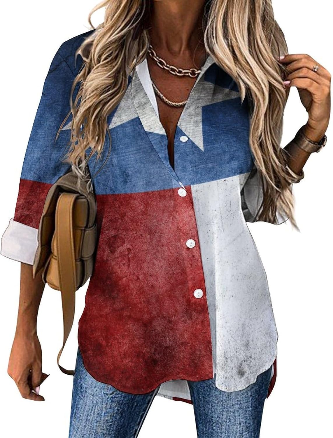 Closeup of Texas Flag Womens Long Sleeve Button Down Shirts Blouses V Neck Work Tops