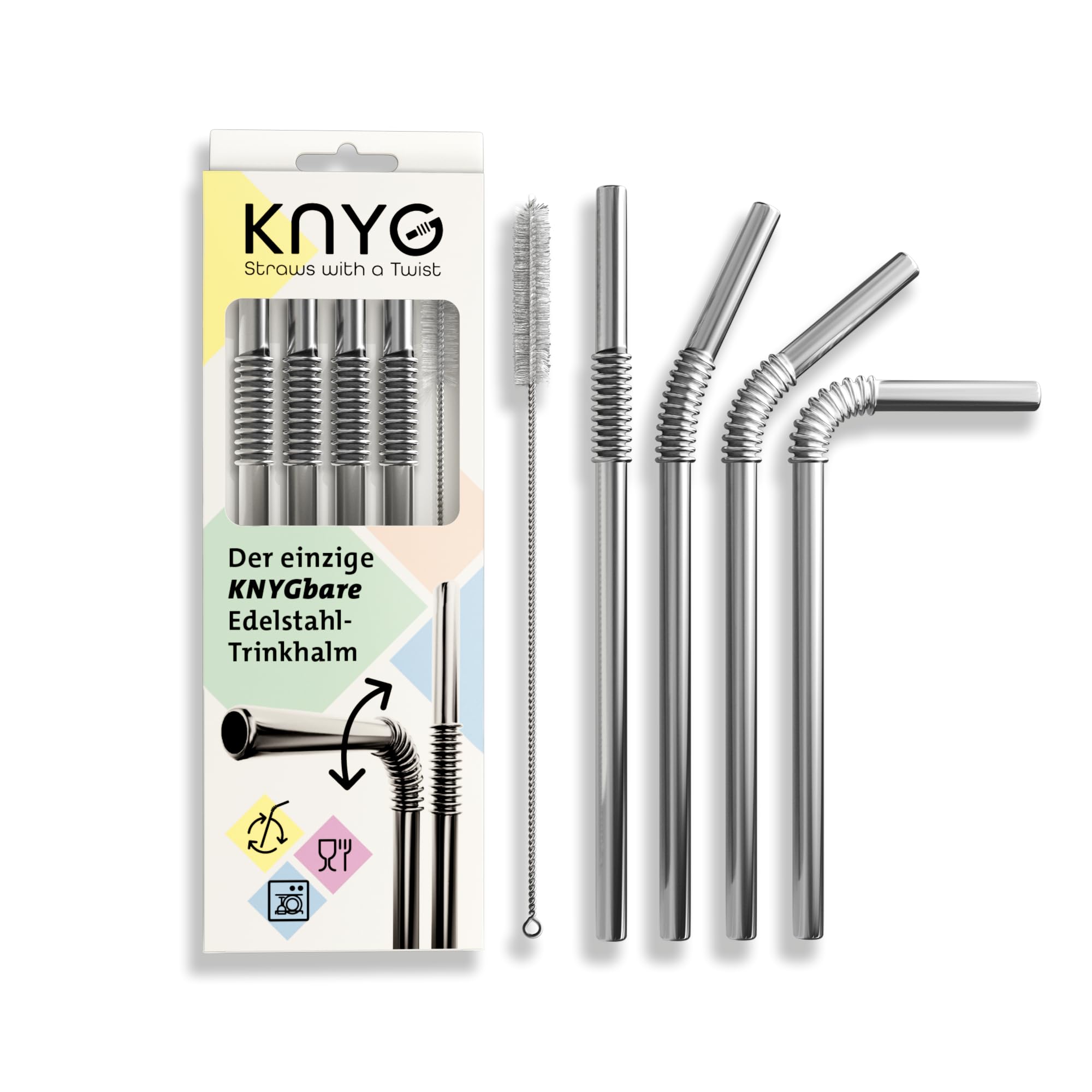 AVANA Set di 2 cannucce riutilizzabili in acciaio inox, pieghevoli, in silicone, senza BPA, ecologiche, pieghevoli, con spazzola per la pulizia e