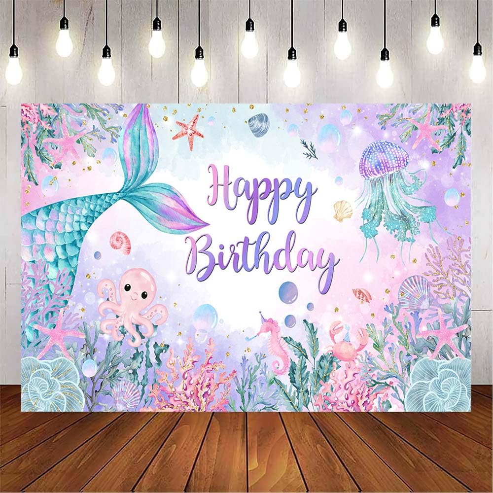 VanillaBay Mermaid Birthday Backdrop Under The Sea Happy Birthday Backdrop Watercolor Mermaid Tail Bday Party Supplies Photography Background