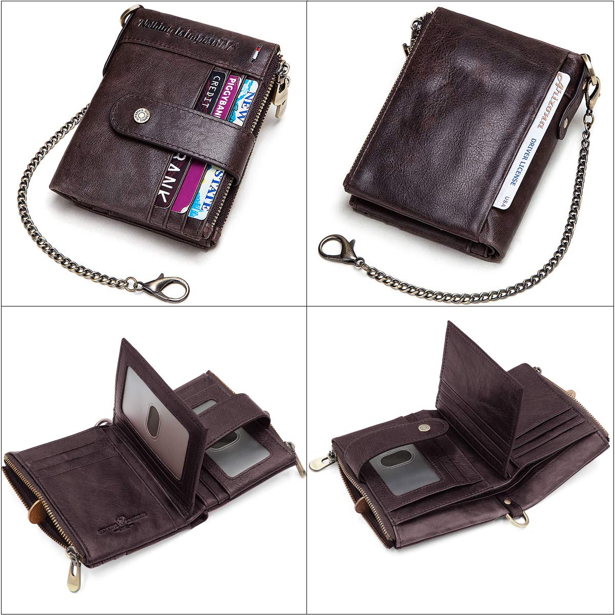 REETEE Carteras para Hombre Billetera de Piel con RFID Bloqueo Billeteras Hombre y Monedero con Cremallera, Monedero Hombre Pequeño19 Ranuras para Tarjetas y Cartera Hombre con Cadena