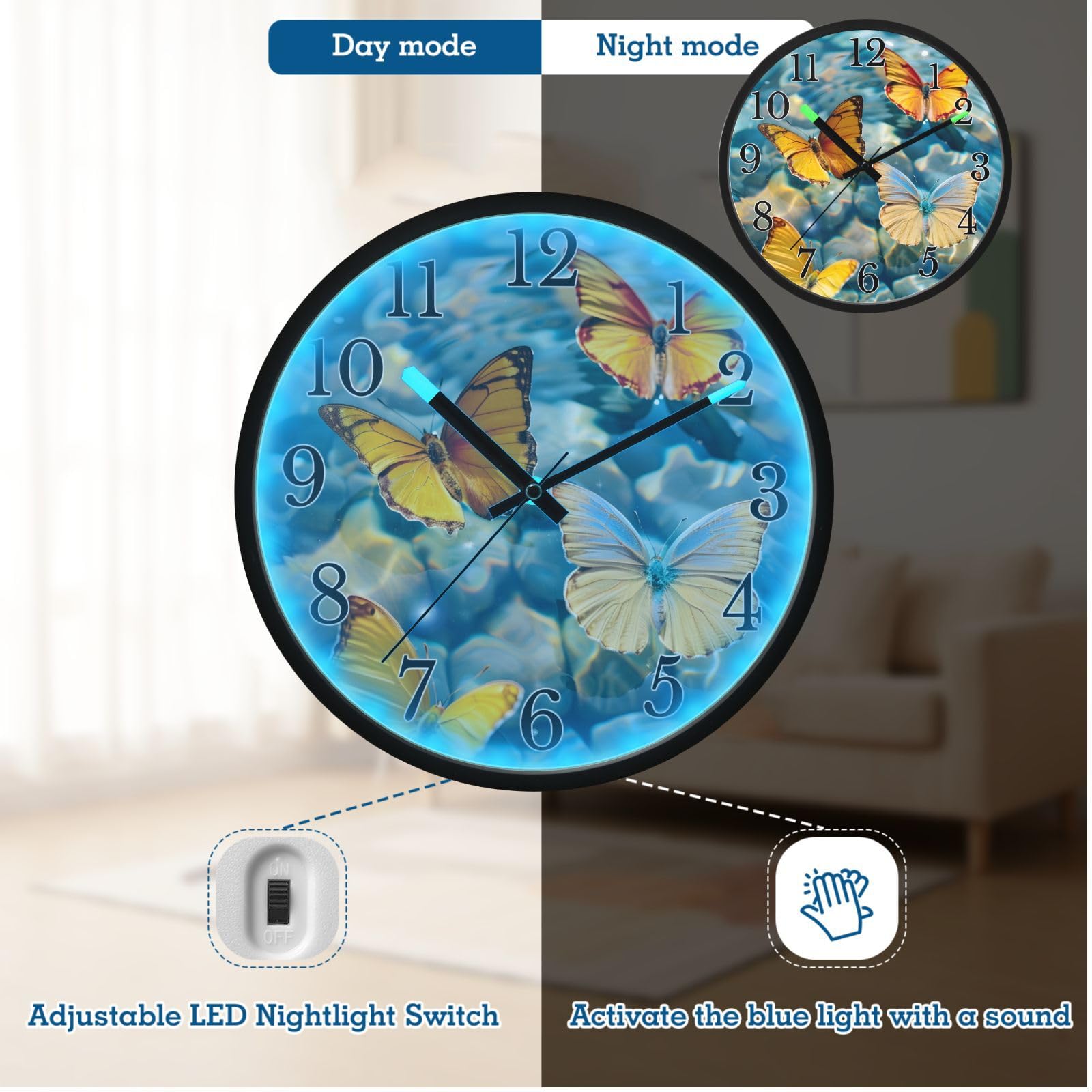 Mnsruu Reloj de pared luminoso con mariposas tropicales, color naranja, funciona con pilas, silencioso, brilla en la oscuridad, para sala de estar, cocina, 12 pulgadas