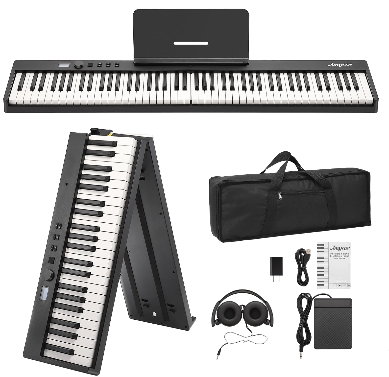 88 Key Full Size Folding Electronic Keyboard Piano Set Built-in Speakers,Electric Piano Keyboard,Digital Piano,Power Adaptor,Bluetooth,Carrying Bag,Headphones,Note Sticker