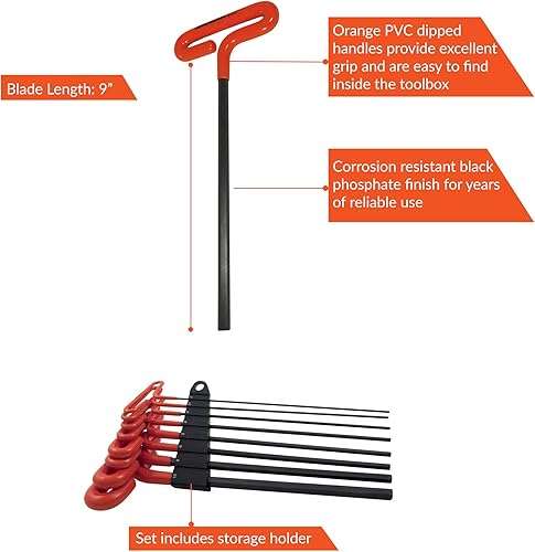 Miniatura 3 de Dynamic 8 piezas de mango en T de 9 pulgadas de largo, juego de llaves hexagonales métricas, 0.079 in - 0.394 in