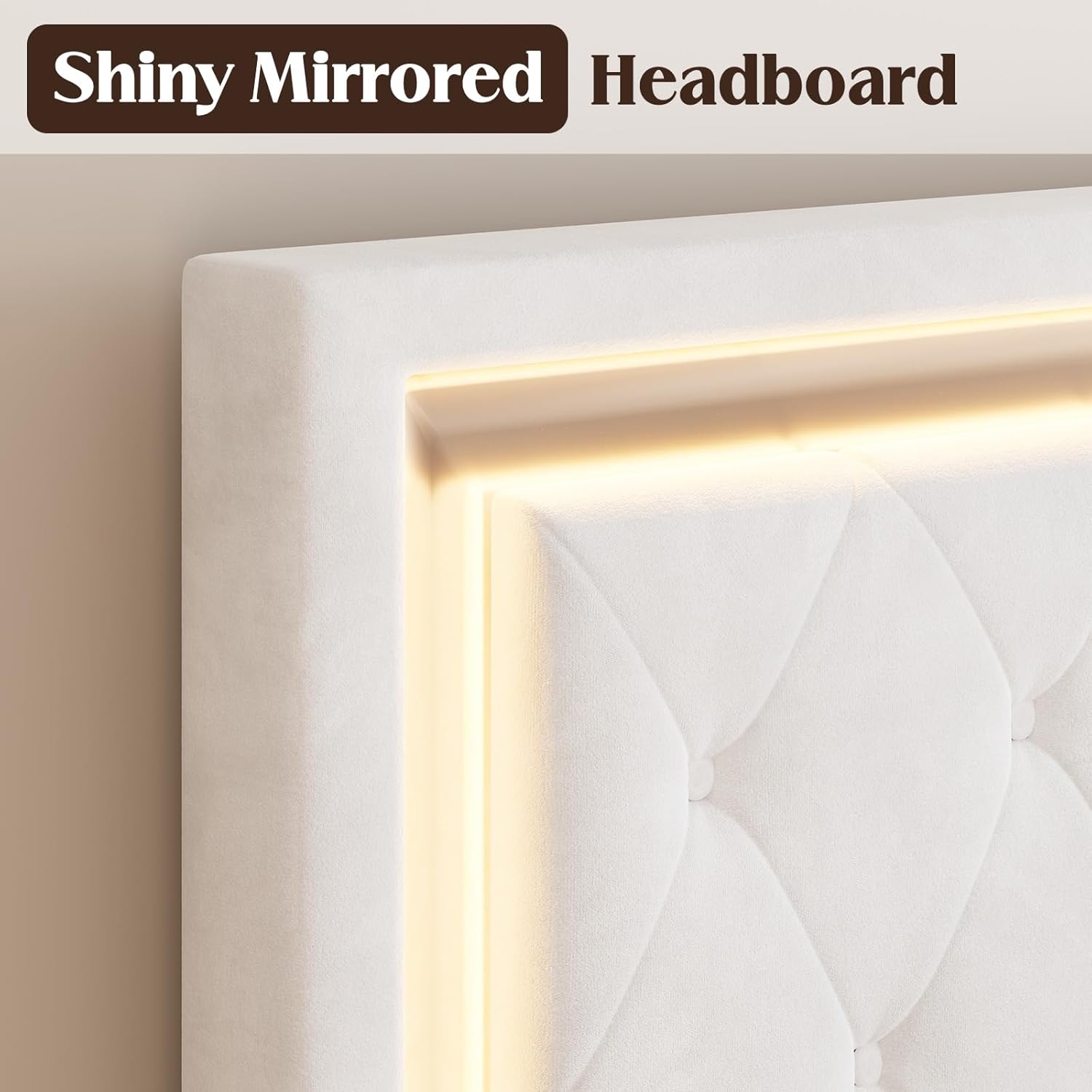 Full Size Bed Frame with LED Lights, Upholstered Platform Beds with Button Tufted Adjustable Headboard, No Box Spring Needed, Velvet White