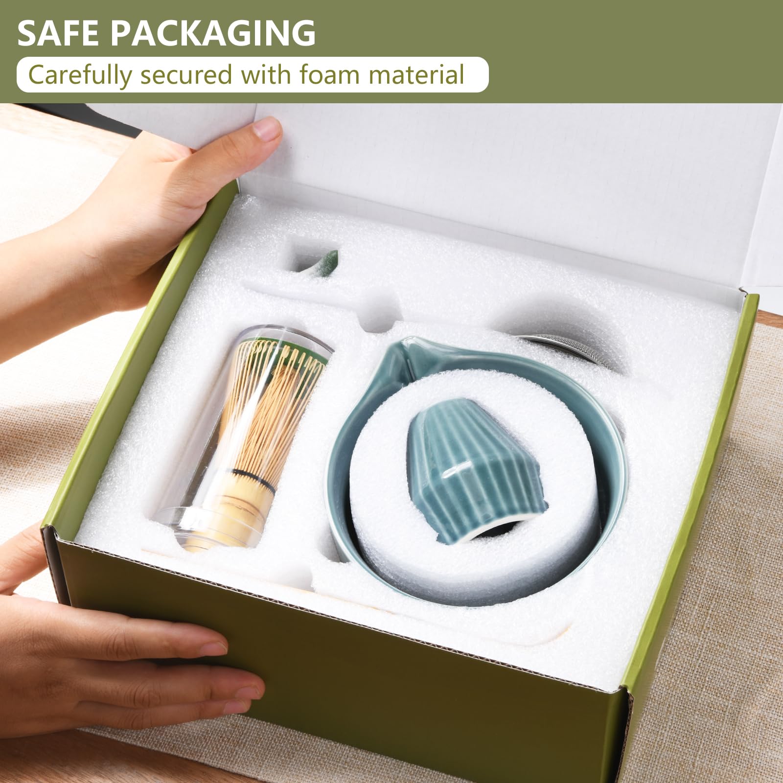 Matcha Kit Completo 7 Pezzi in Regalo Elegante: Ciotola Ceramica, Frullino di Bambù, Set per Tè Giapponese con Base, Setaccio Acciaio + Tovaglietta Lino - Set Matcha Autentico (Blu)