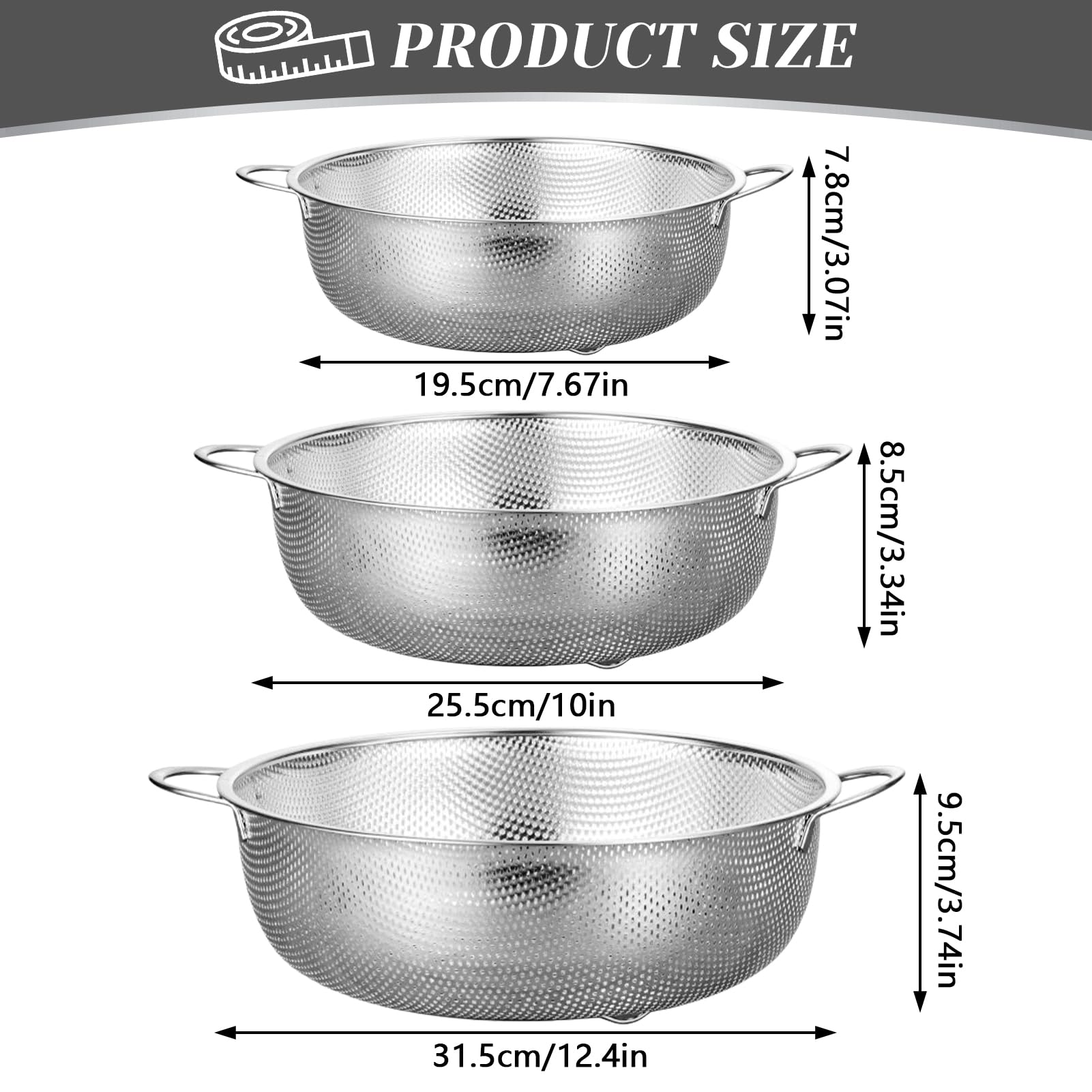 3 coladores de pasta de acero inoxidable, 19,5 + 25,5 + 31,5 cm, acero inoxidable, colador de cocina, colador fino, colador de acero inoxidable, colador fino, colador de acero inoxidable