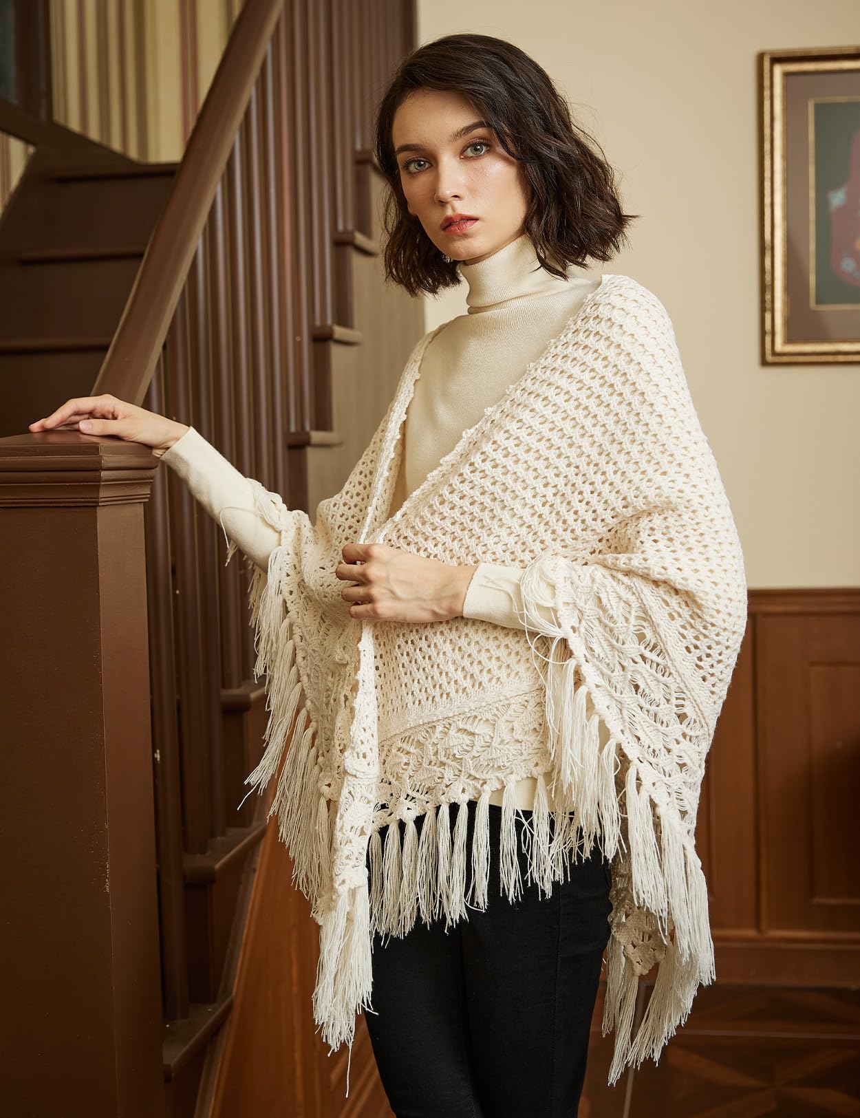 BEAUTELICATE Femme Châle Étole en Tricot Cape Couverture Crochet Tangulaire Foulard Écharpe À Glands Chaud pour Hiver Automne Printemps Cadeaux De Noël