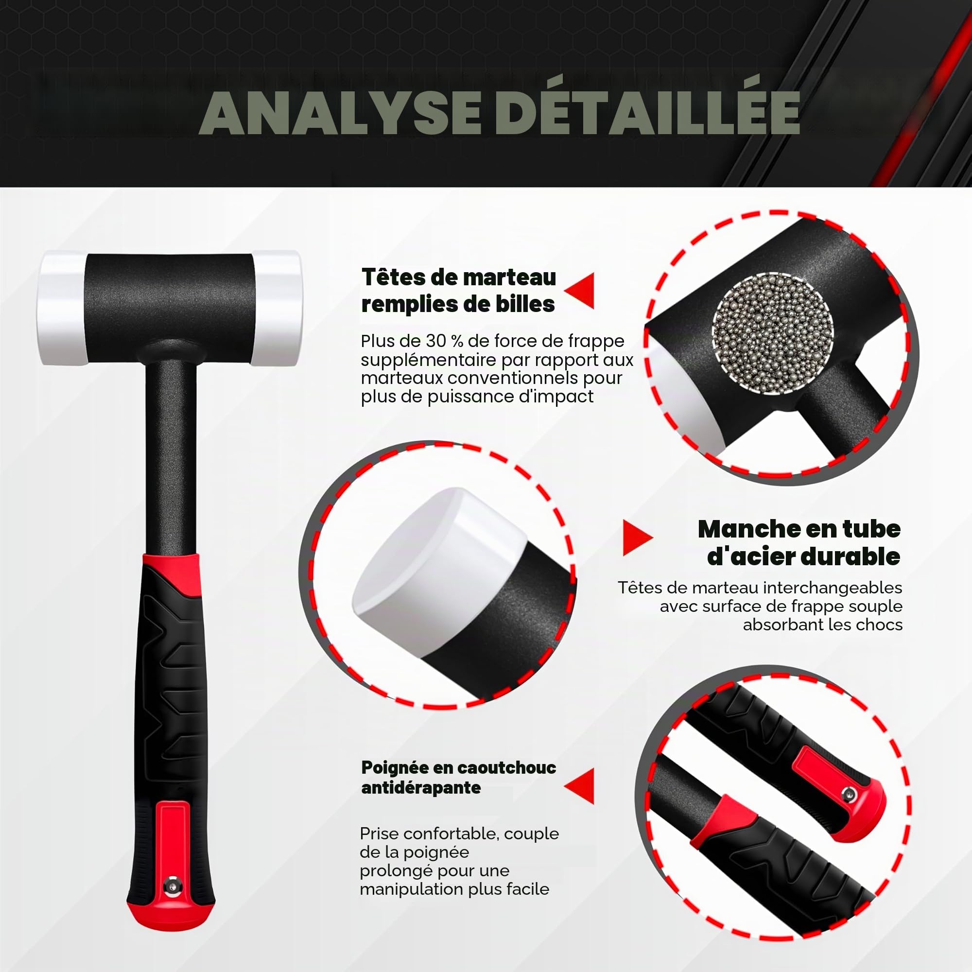 C&T Marteau anti-retour, marteau de protection, maillet souple, diamètre 50 mm, manche en tube d'acier, tête en nylon interchangeable pour l'entretien et le montage