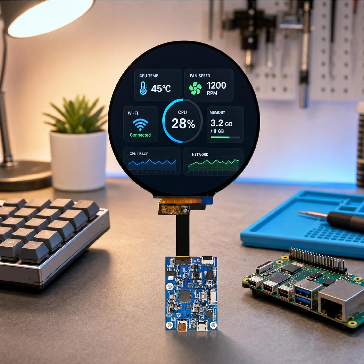 TekGroAml 4 Inch Round LCD Display with Micro H/D Controller Board 720x720 | 300 nits Circular Screen for PC Sensor Panel and DIY Dashboard, USB 5V Power