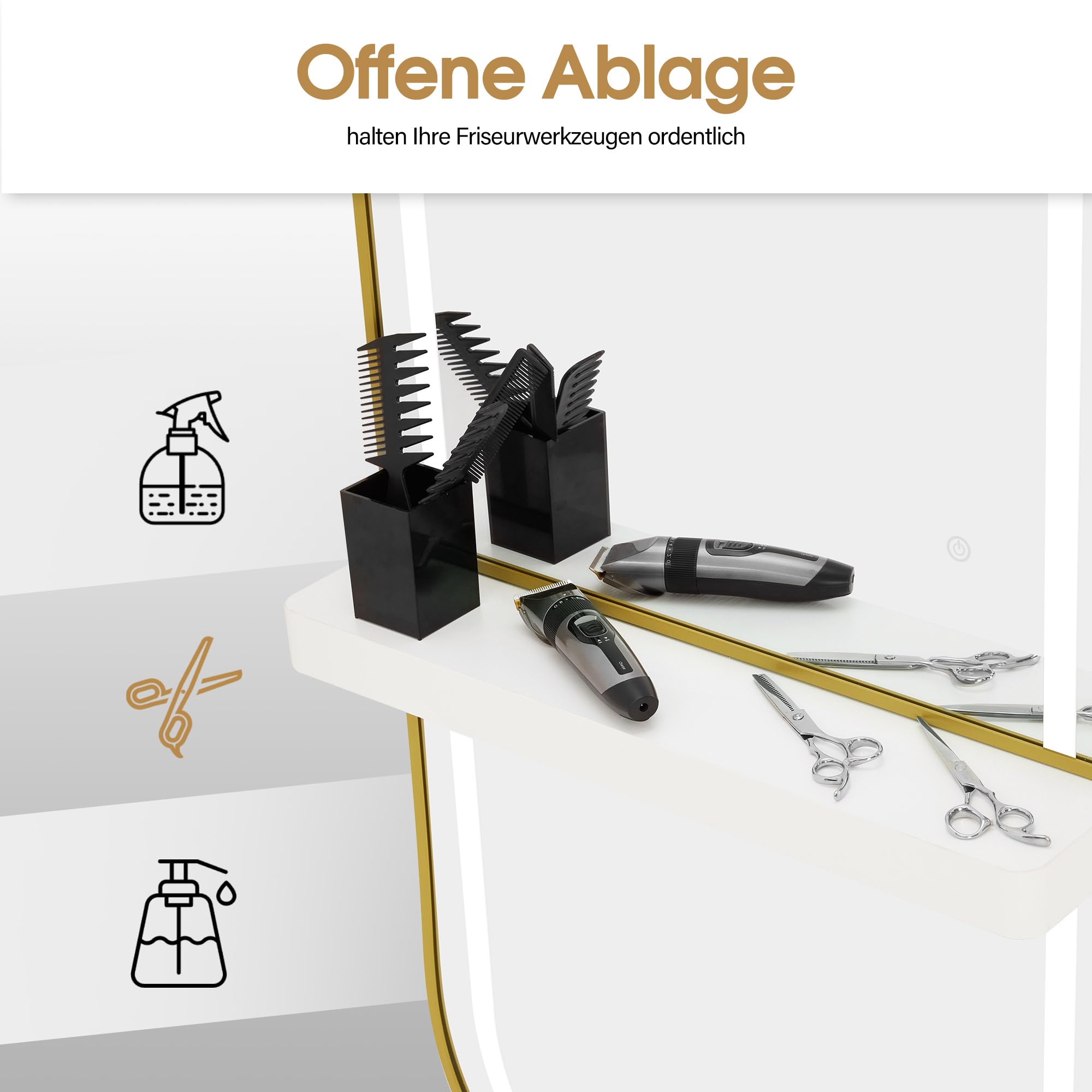 Barberpub Wandspiegel mit Beleuchtung, Ganzkörperspiegel mit Aluminiumrahmen, Großer Spiegel mit Ablage, Touch-Schalter, 3 Lichtfarben Dimmbar, für Friseursalon, J6298 (Weiß-Gold)