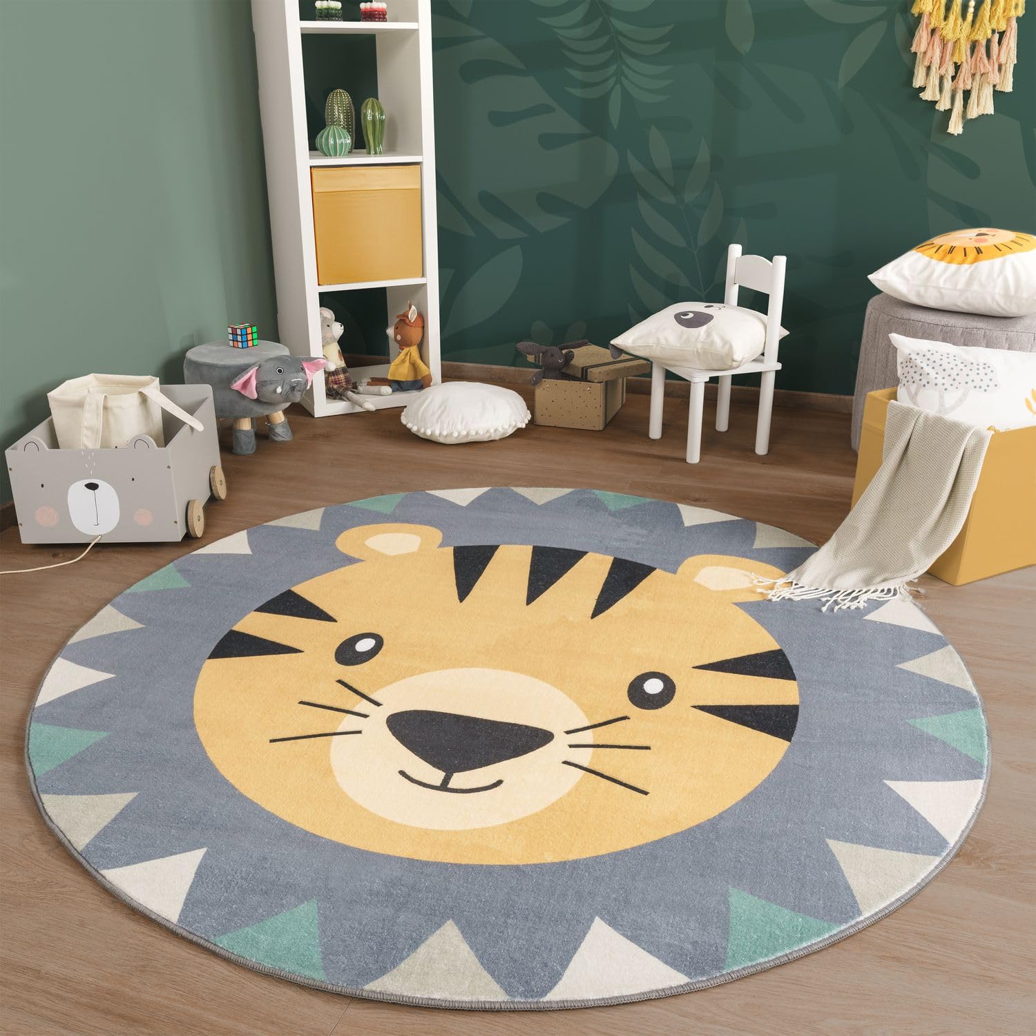 TT Home Alfombra Habitación Infantil De Juego Bebe Lavable Leon Motivo Animal, Color:GrisNegrasMarron, Tamaño:160 cm Redondo