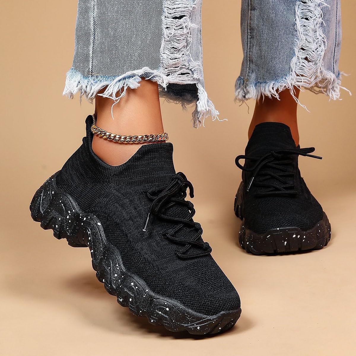 Damskie buty do biegania, lekkie sznurowane trampki z siateczką, wygodne, oddychające, po prostu przytulne, outdoorowe, na co dzień, sportowe, Czarny, 43 EU