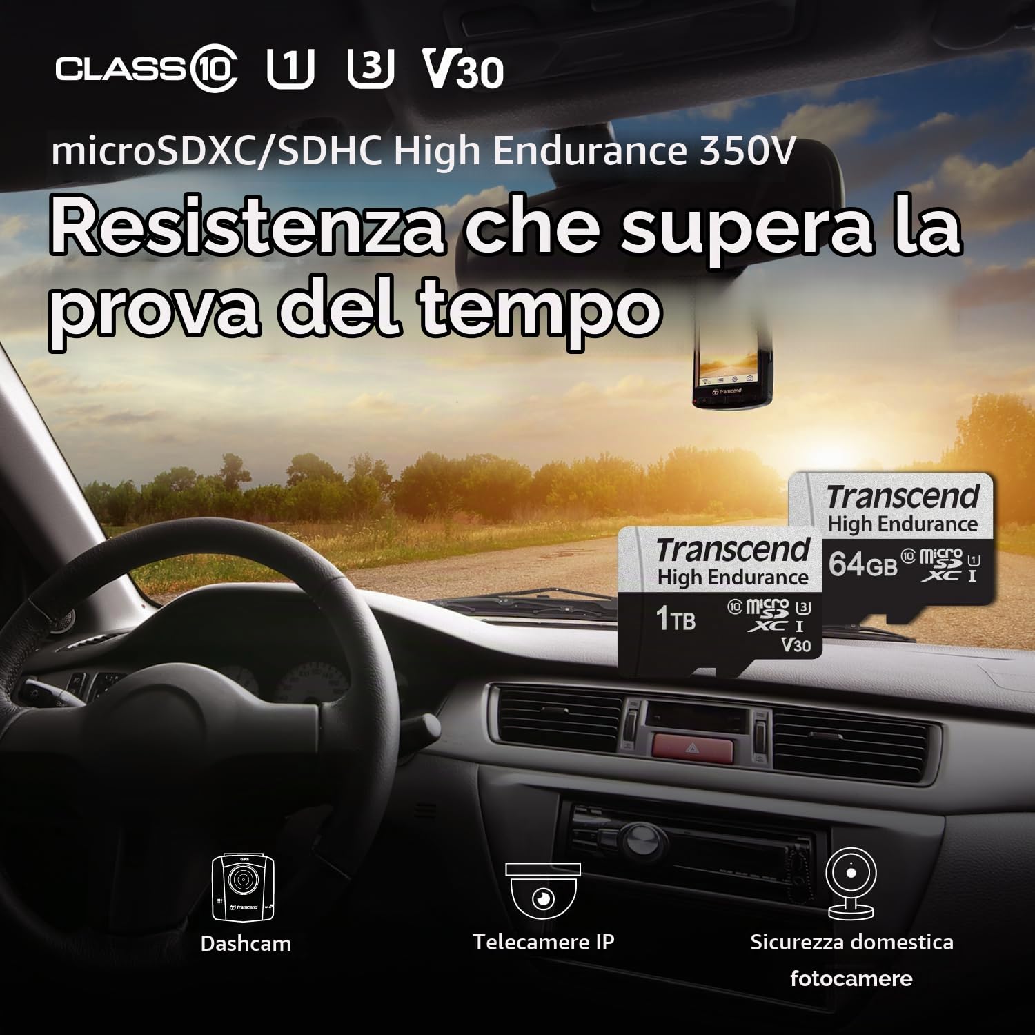 Transcend Scheda di memoria microSDXC 350V da 128 GB UHS-I, C10, U3, Full HD, fino a 95/45 MB/s, ideale per dashcam, telecamere di sicurezza e sistemi di sorveglianza - TS128GUSD350V