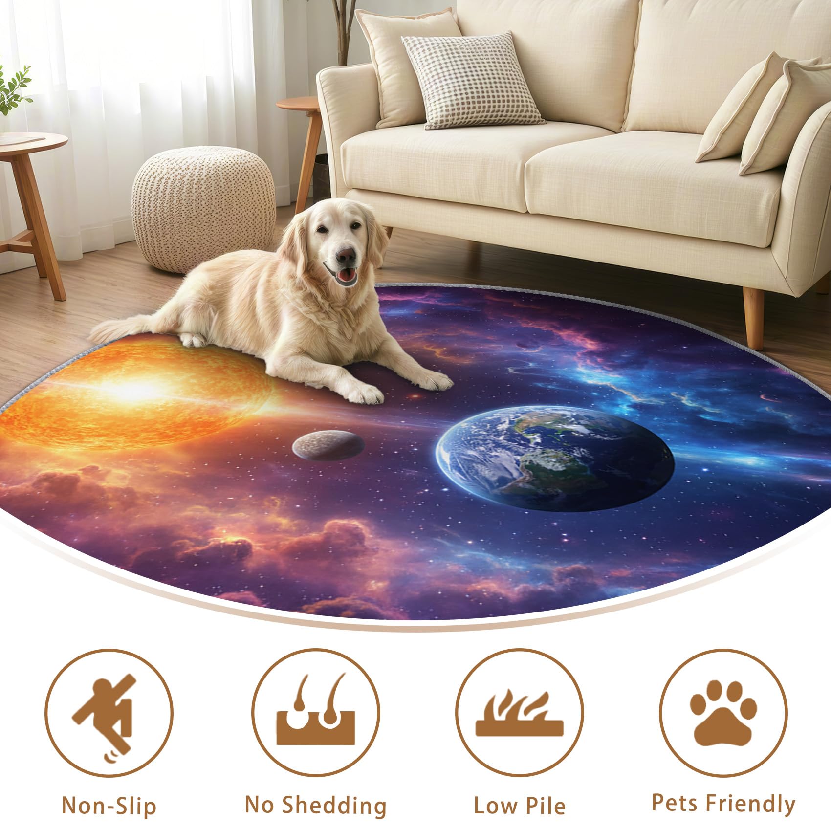 Sternenhimmel Teppich Rund 120cm Kurzflor - Waschbare Teppiche Wohnzimmer Kinder Planeten Galaxie Kosmos - Runder Teppich 120 Durchmesser Kinderzimmer - Schlafzimmer rutschfest Weich
