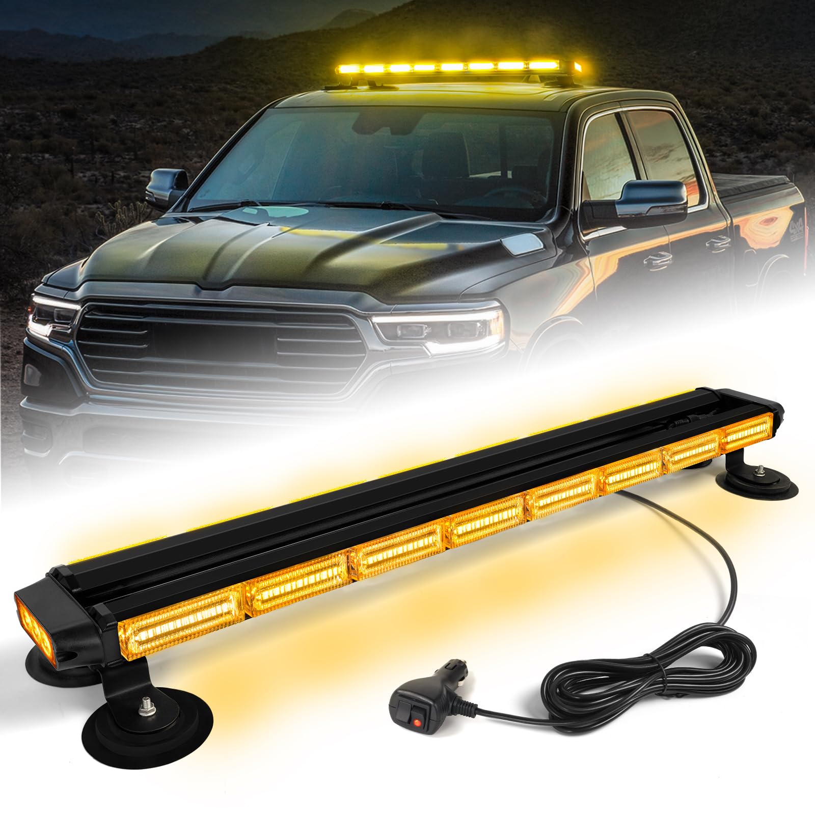 LRTER 34inch 166 LED Emergency Rooftop Strobe Lights Bar Flashing Safety Traffic Advisor Warning Hazard Snow Plow Light W/Magnet Base for Work Trucks Vehicles Construction Tow Pickup Amber