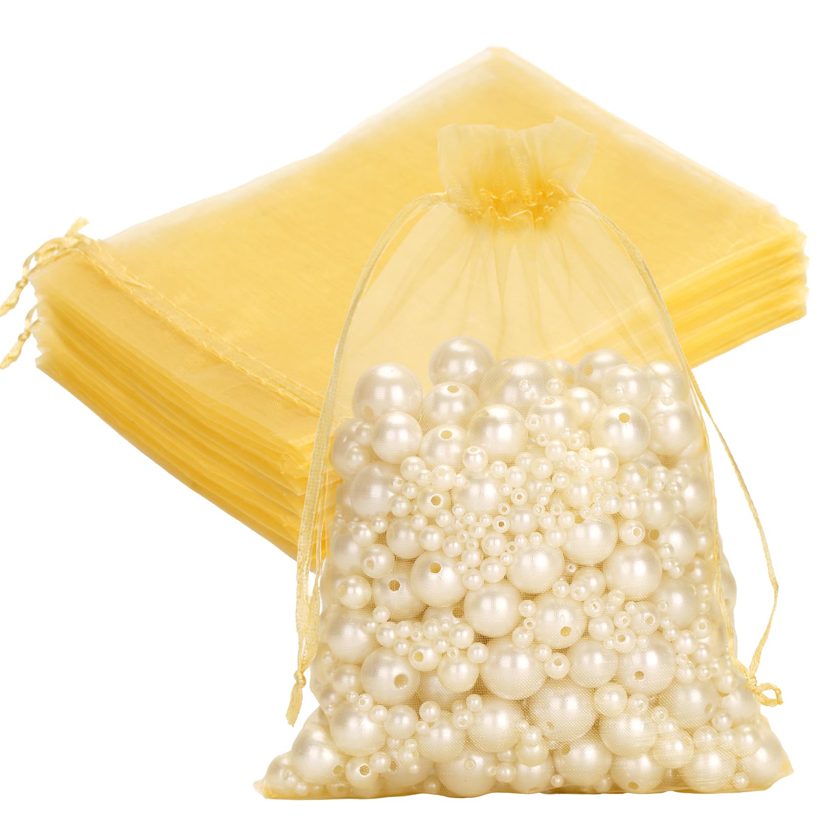 G2PLUS 25PCS Gold Organza Bags 5x7 inches, Sheer Mesh Jewelry Pouches, Organza Gift Bags with Drawstring for Candy, Jewelry, Wedding Party Favors
