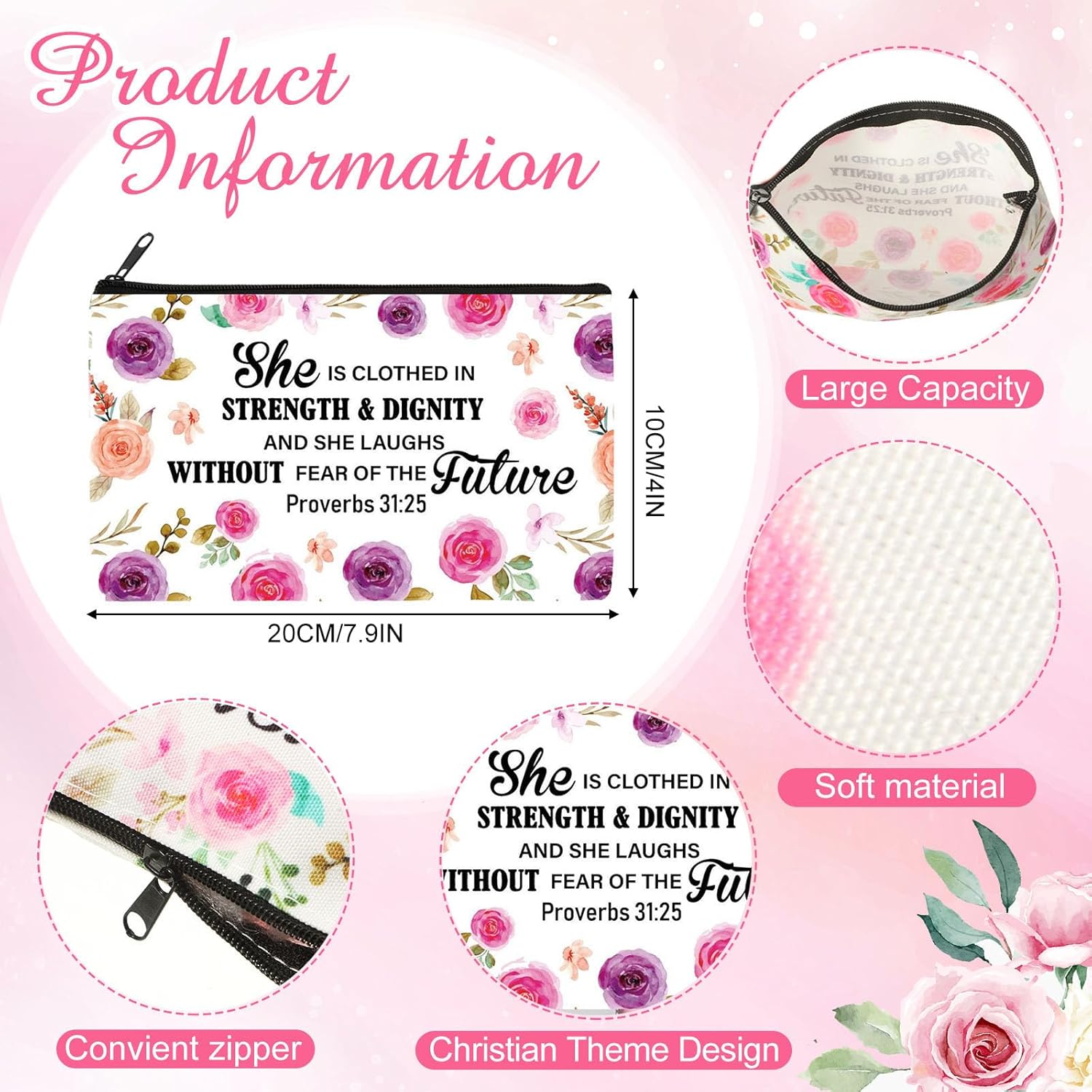 Talltalk 14 Pcs Valentines Christian Makeup Bags Bulk Religious Galentine Gifts Bible Verse Pencil Pouch Inspirational Cosmetic Bags for Women Travel Office Teachers Supplies(Floral) - Image 2