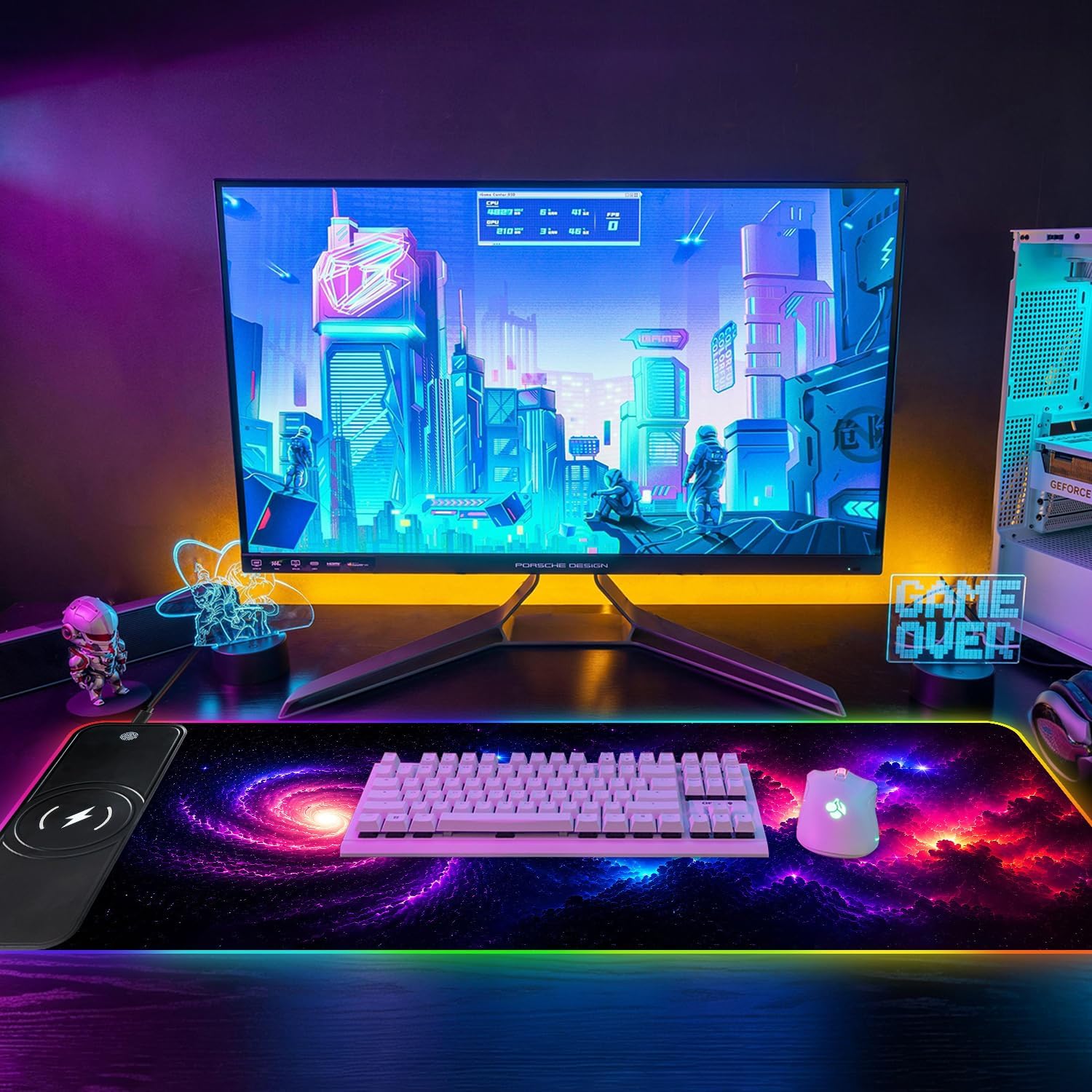 Tappetino per mouse con supporto per telefono, 80 x 30 cm, wireless, Qi a ricarica rapida, tappetino per mouse RGB da gioco per casa e ufficio, grande tappetino da scrivania con superficie ultra