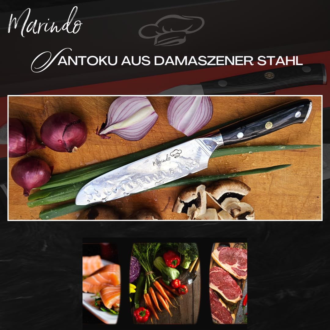 Marindo® Santoku Damastmesser aus Damaszener Stahl 17,8 cm Klinge | japanisches Damast Küchenmesser mit Kullenschliff & stabilem Holzgriff | Santoku Messer Damast mit Geschenkverpackung
