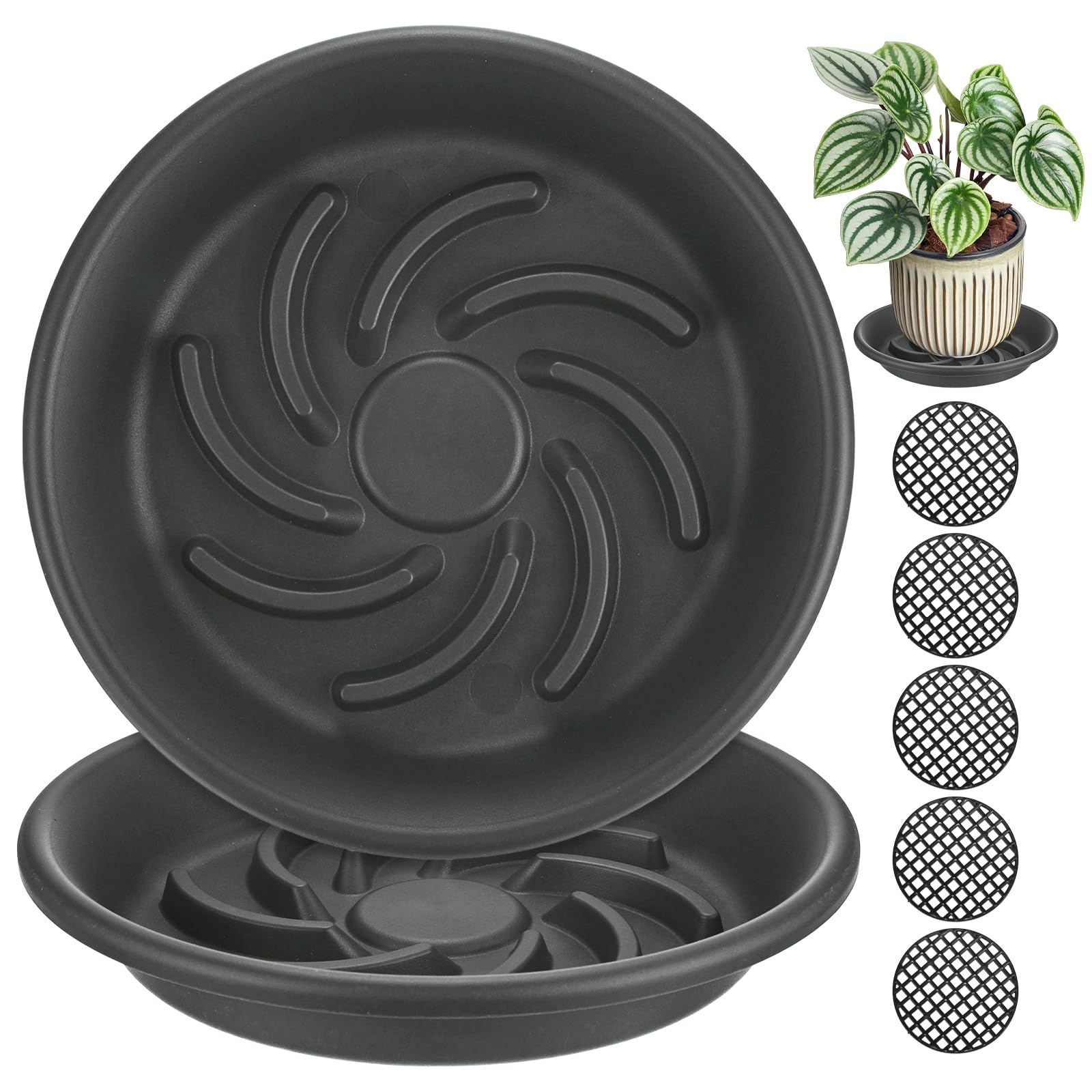 M METERXITY 2-Pack Plant Saucer, 7.4 Inch/ 18.8cm Plastic Plant Trays Thicker for Pots/Indoor/Outdoor/Water Drainage and Protection, Flowerpot Drip Tray [Grayish Black]