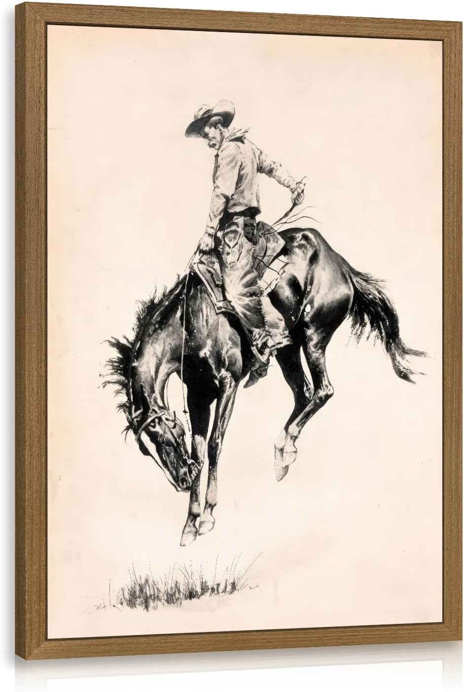 LERVR Wood Framed Western Cowboy Wall Art, Vintage Rodeo Cowboy Horse Poster Print, Southwestern Rustic Horse Wall Decor, Retro Western Ranch Artwork for Living Room Bedroom 12x16 Inch