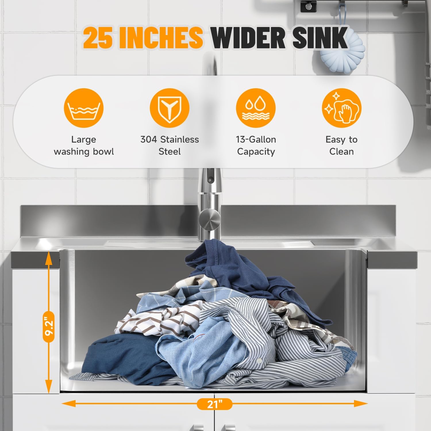 Laundry Sink with Cabinet, Full Body Durable Stainless Steel, 25-Inch Wider Stainless Steel Utility Sink, Multi-Use for Laundry, Kitchen, Bathroom, Garage