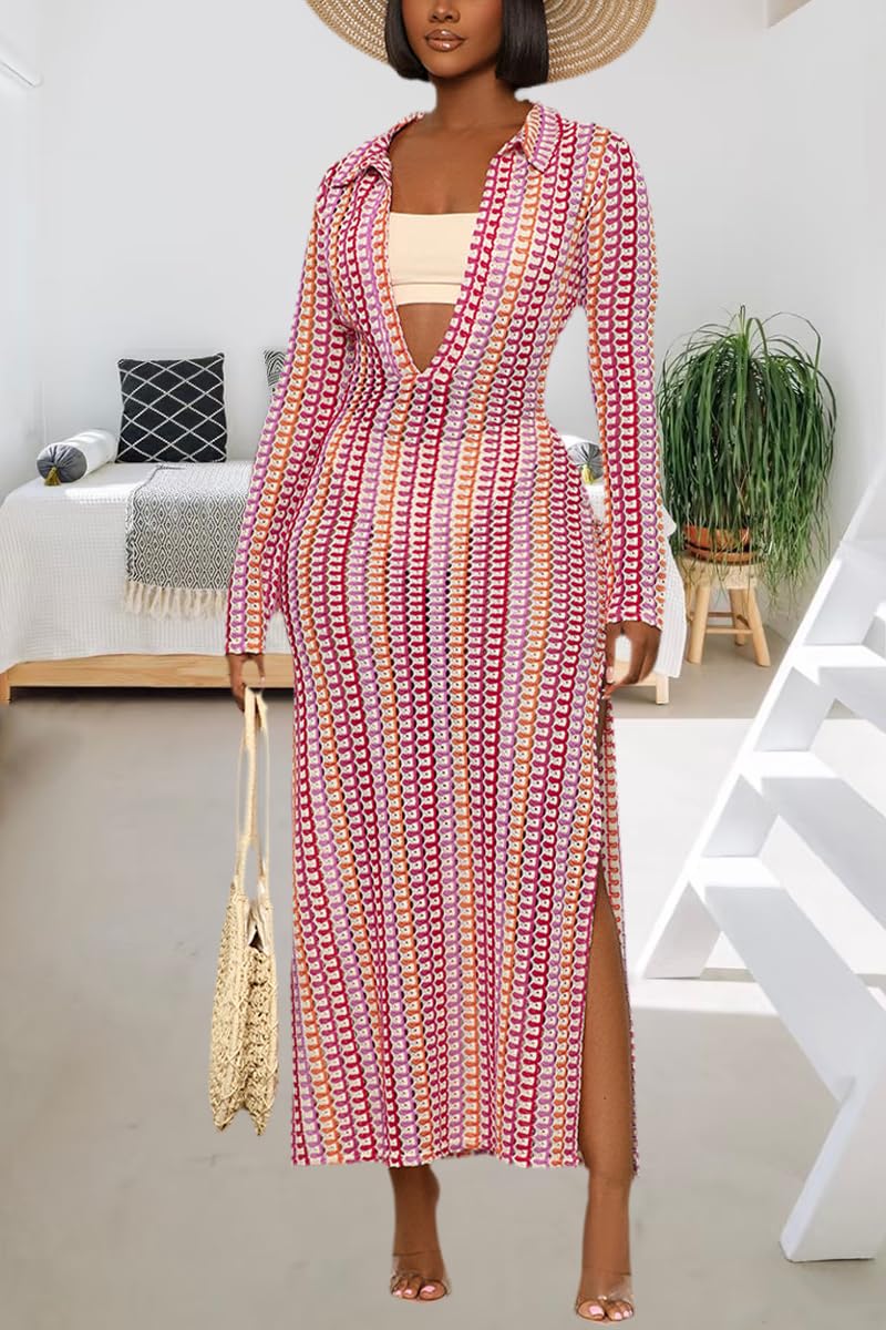 YouSexy Women's Sexy Swimsuit Maxi Dress Long Sleeve Hollow Out Long Beach Cover Up Dress