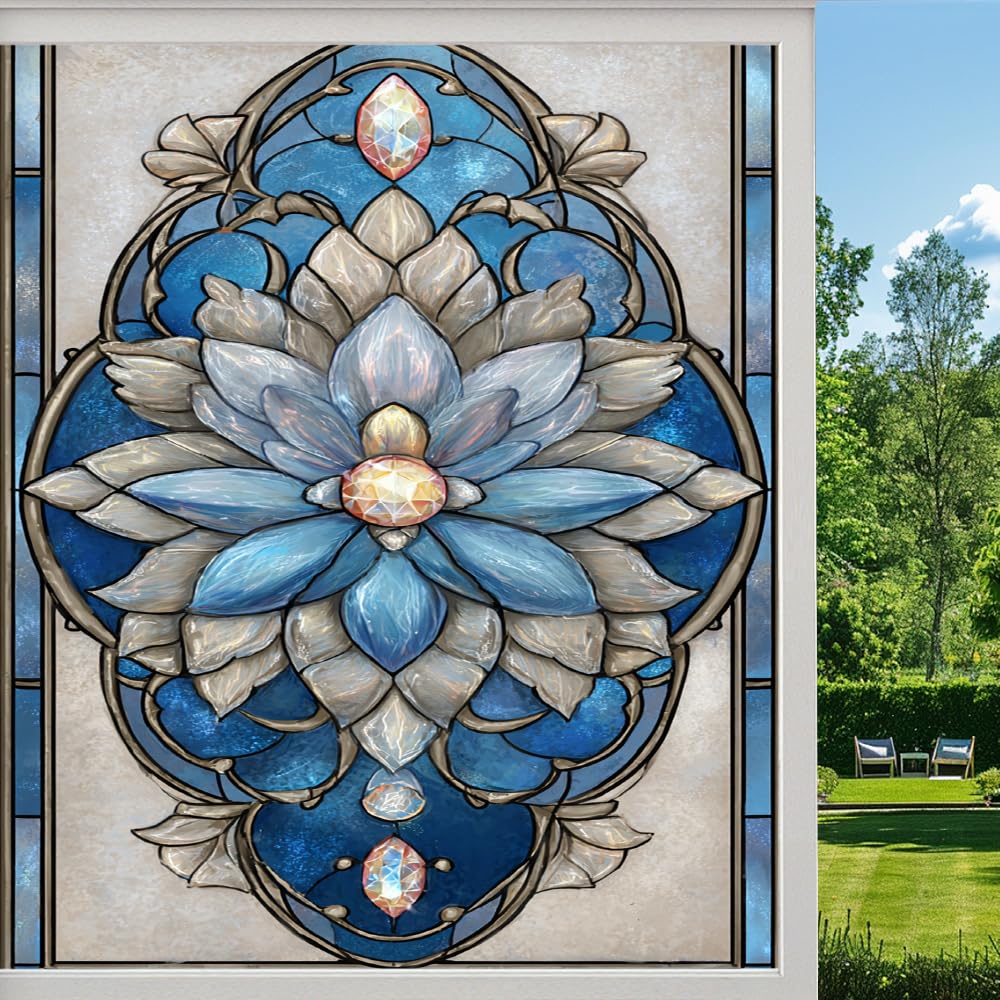 Gothic Floral Stained Glass Window Film, Elegant Blue Flowers Peel and Stick Privacy Film, Frosted Adhesive Vinyl Decorative for Bathroom Windows Glass Doors, （45x100cm）