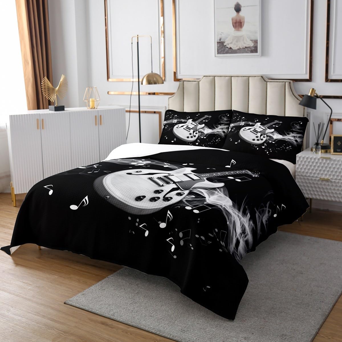3D Guitar Bedspread Queen Size,Rock Music Guitar Bedding Set for Kids Boys Teens Adult Room Decor,White Music Notes and Smoky Comforter Set Fashion Hip Hop Black Quilt Coverlet,2 Pillowcases