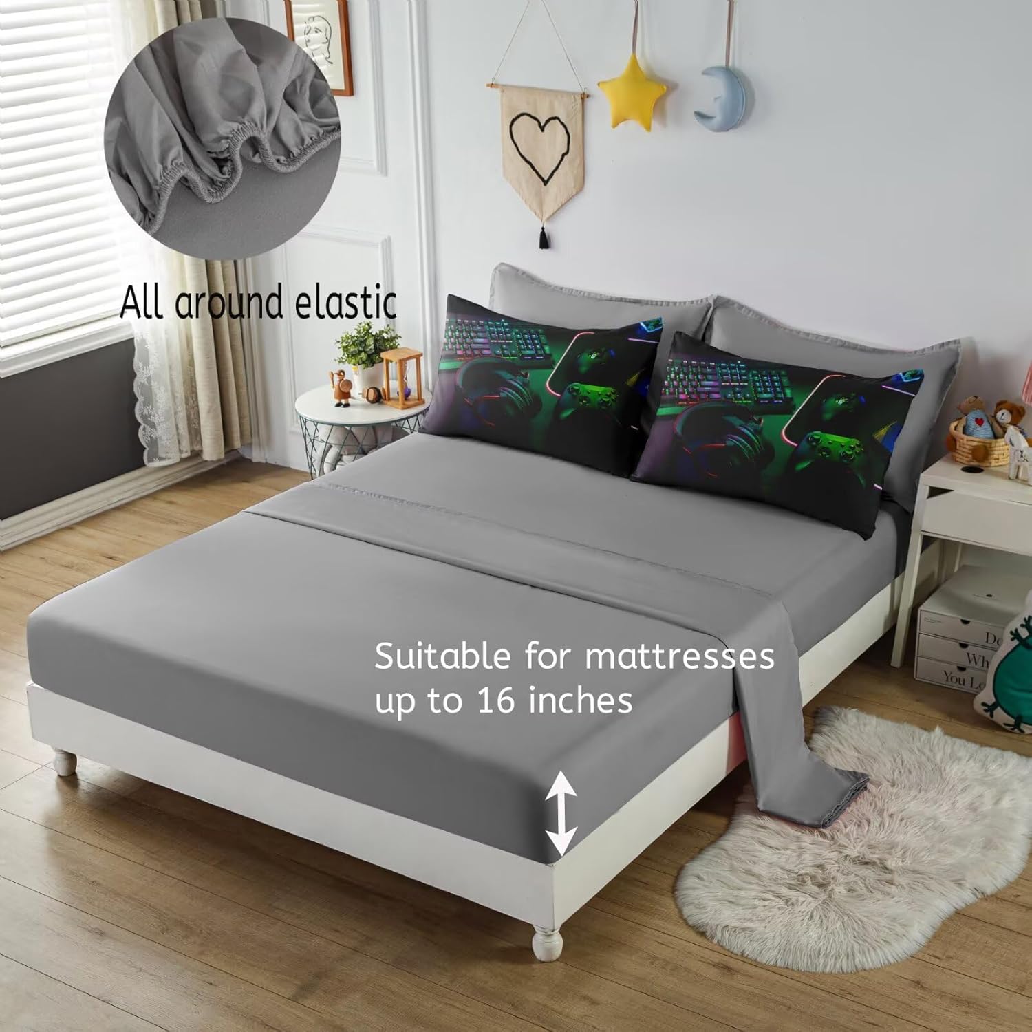 6 Pieces Gamer Comforter Set Twin for Boys,Gaming Bedding Set for Kids Teens Video Game Bed Set,Twin Boy Bed in a Bag (1 Comforter,1 Flat Sheet,1 Fitted Sheet,2 Pillow Shams,1 Pillowcases) - Image 4