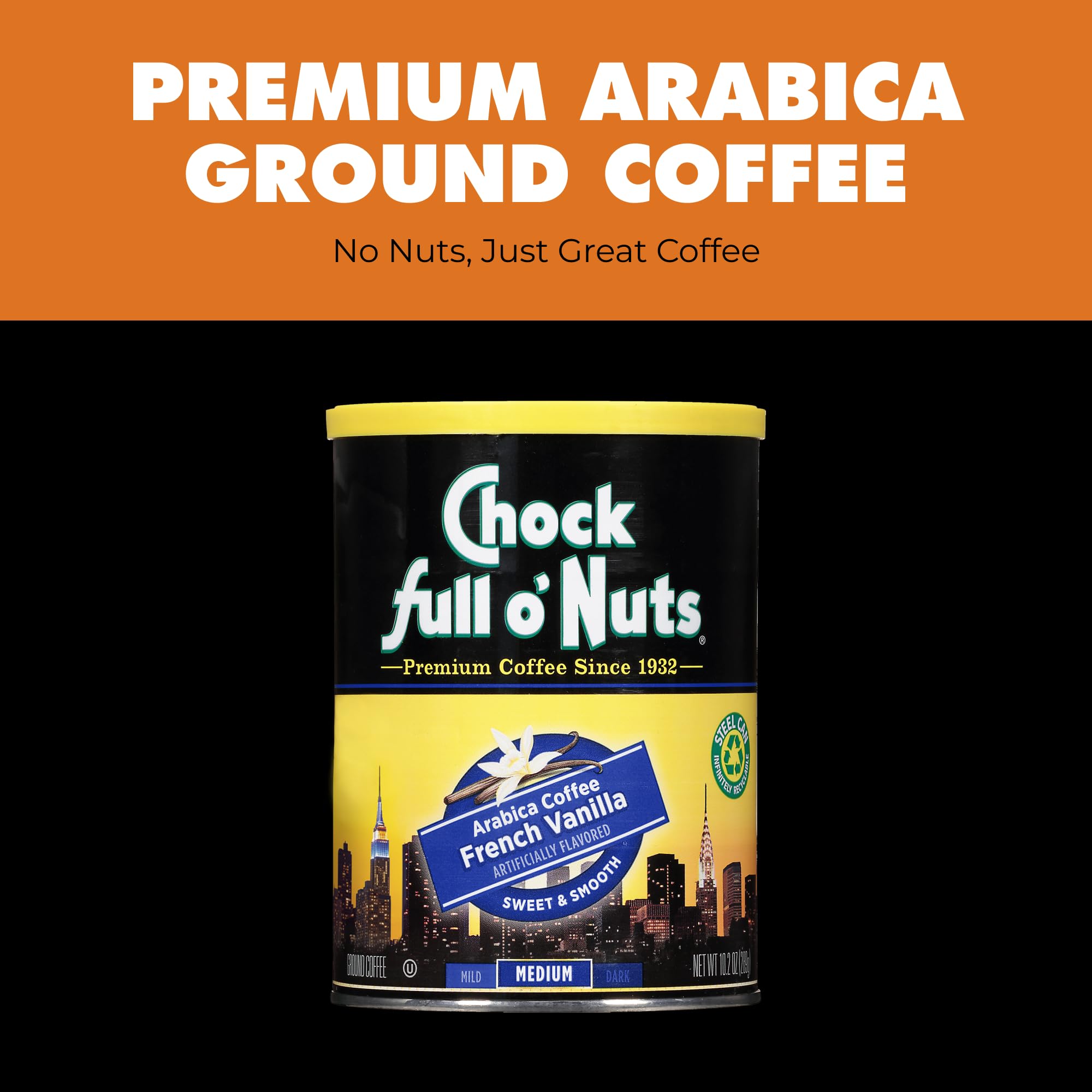 Chock Full o'Nuts Gemahlener Kaffee mit französischem Vanillegeschmack, 290 ml Dose, Premium-Kaffeebohnen