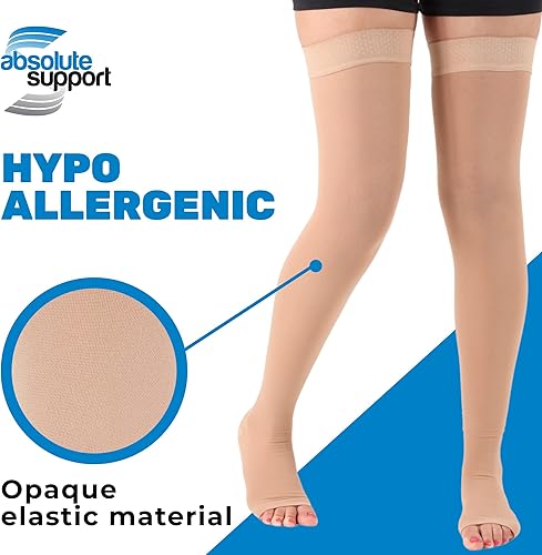 Miniatura 3 de ABSOLUTE SUPPORT Medias altas de compresión hasta el muslo de 20-30mmHg para hinchazón, borde de silicona y dedos abiertos para mujeres y hombres,