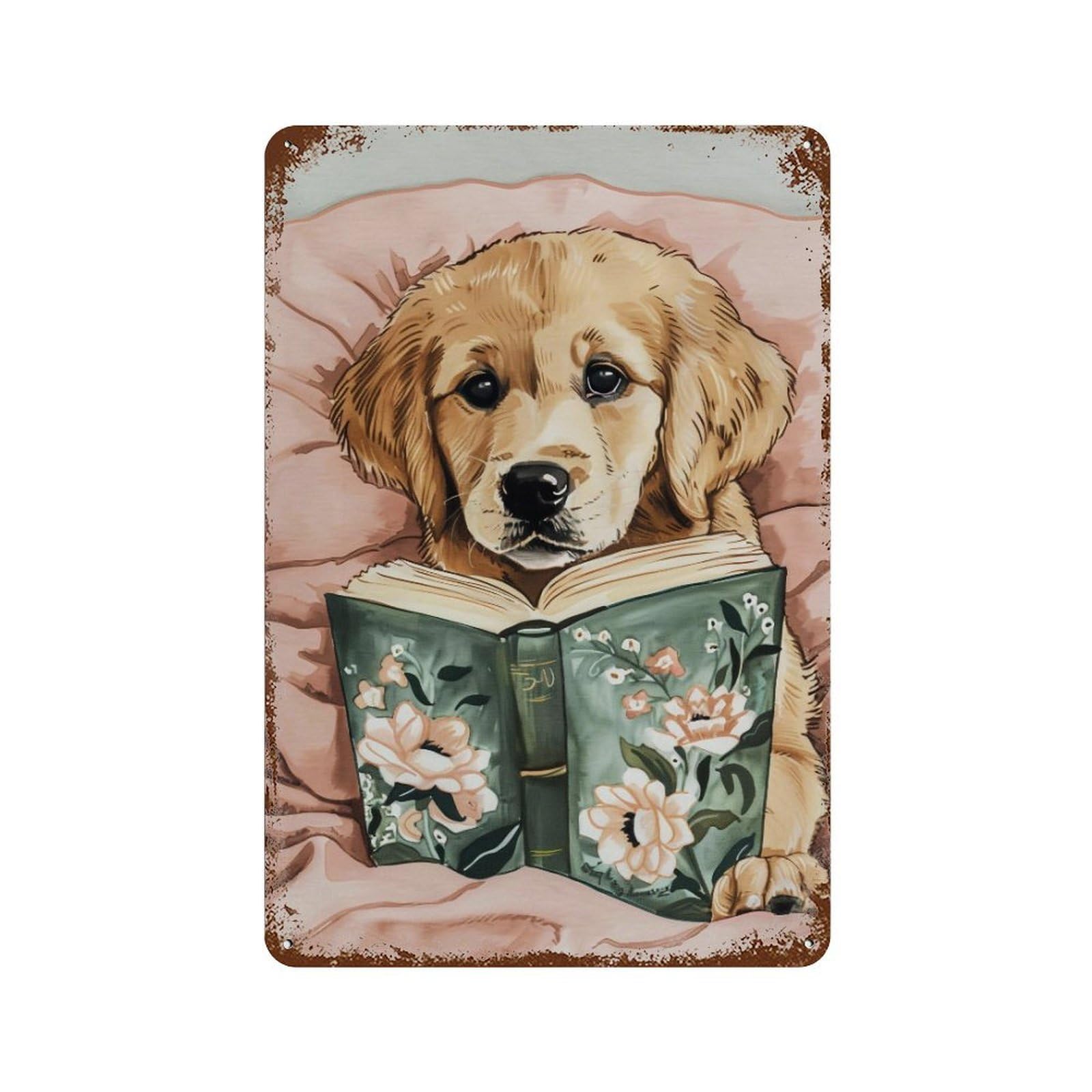 FHUYEURHRY Cute Golden Retriever Puppy Reading 02 Wall Decor Retro Iron Vintage Art Metal Tin Sign Poster Modern Home Cofffee Club Art Bar Shop Decorations Style-24 30x20cm