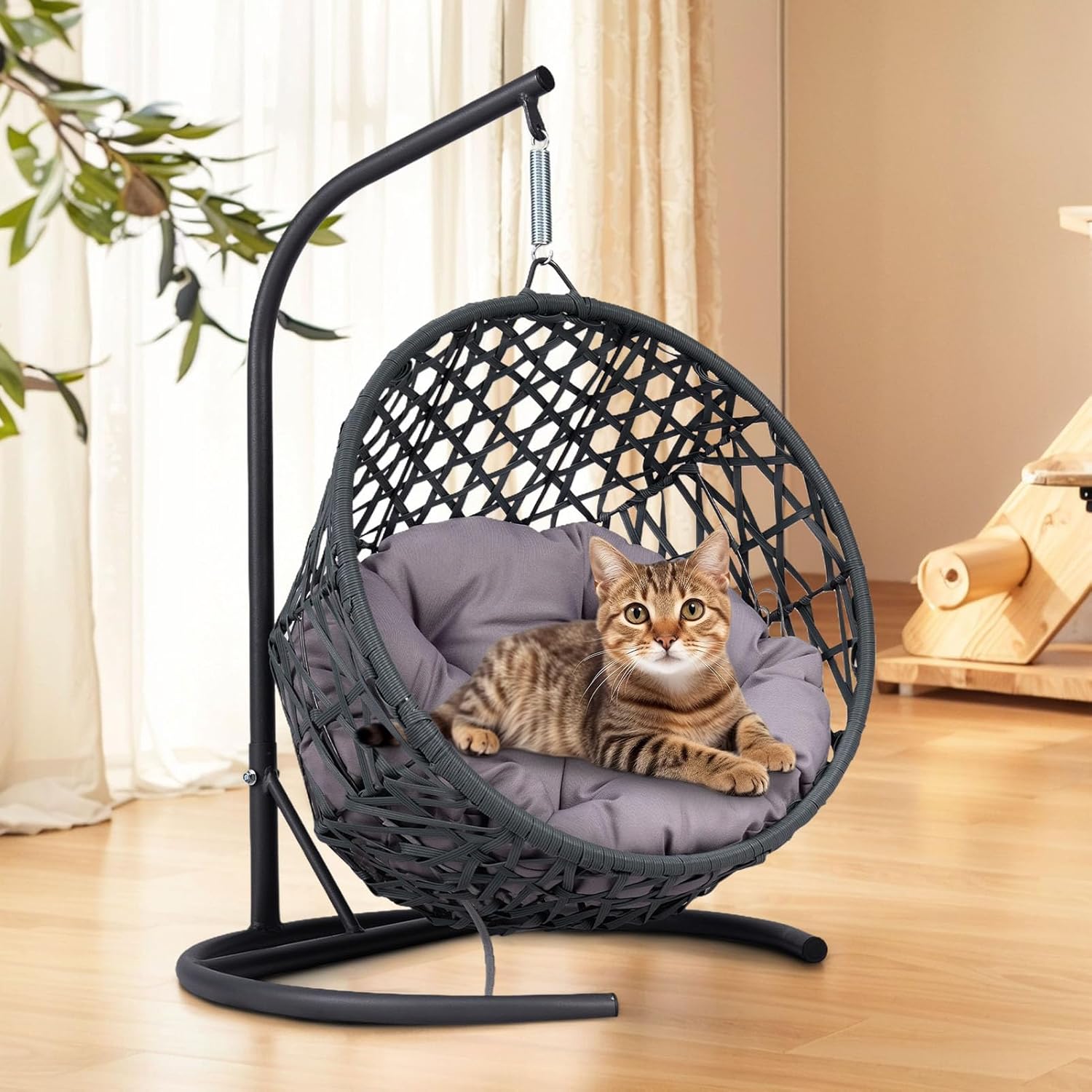 Cat Swing Bed with Stand & Cushion Indoor Outdoor, Cat Egg Chair with Rattan Wicker Appearance, Indoor Hanging Swinging Hammocks Cats Bed for Cat, Dogs, and Small Animals (Gray)