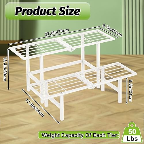 Miniatura 3 de Soporte de metal de 2 niveles para plantas para exteriores e interiores, estante plegable separado para plantas al aire libre, soporte de escalera