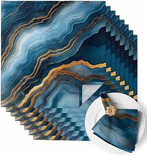Cloth Napkins Set of 8, 20x20 Inches Abstract Marble Washable Reusable Polyester Dinner Napkins for Holiday Parties Weddings Banquet Events, Gradient Navy Blue Gloden Line