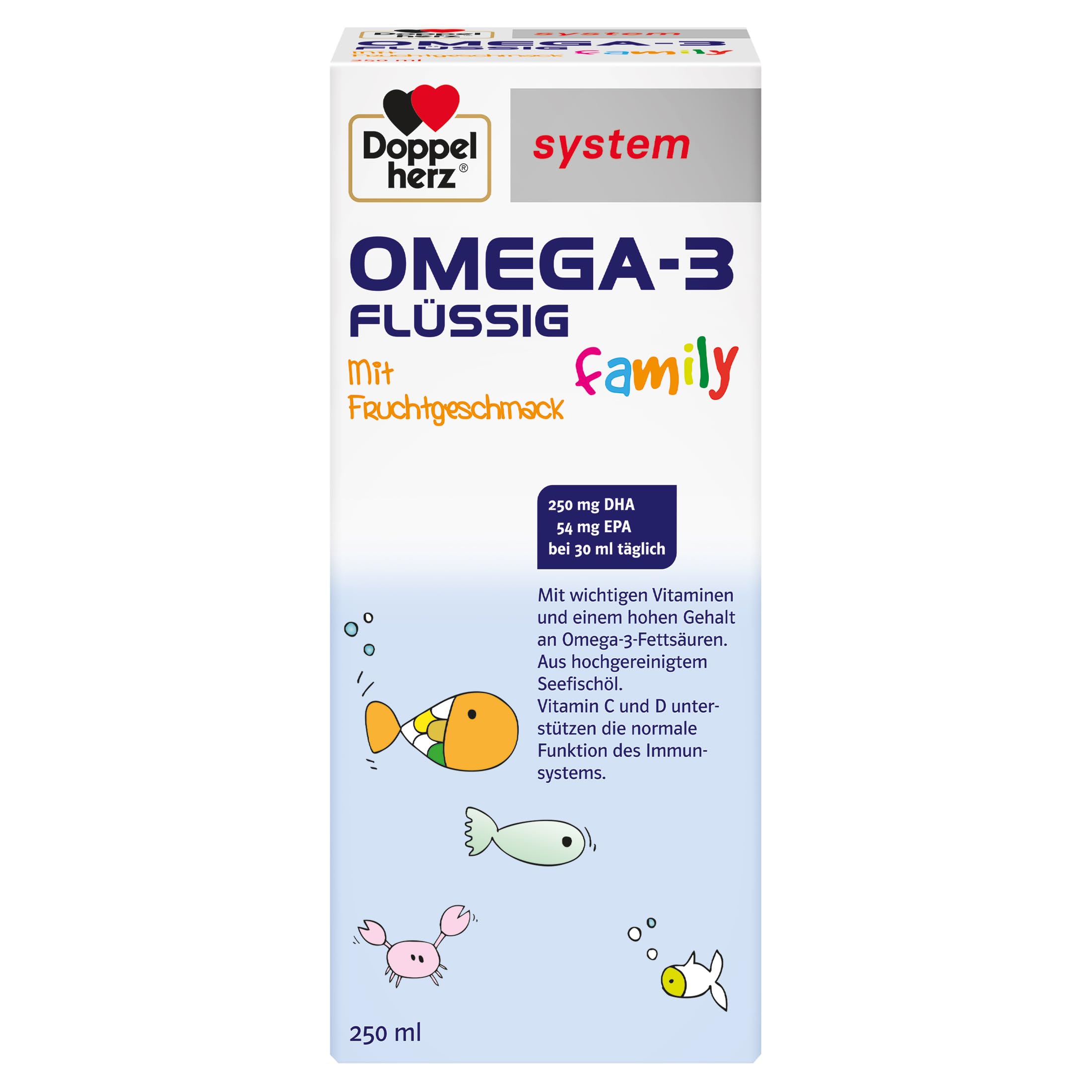 Doppelherz system OMEGA-3 family flüssig – Gehirnfunktion und Immunsystem – 250 mg DHA als Beitrag für den Erhalt der normalen Gehirnfunktion – 250 Milliliter