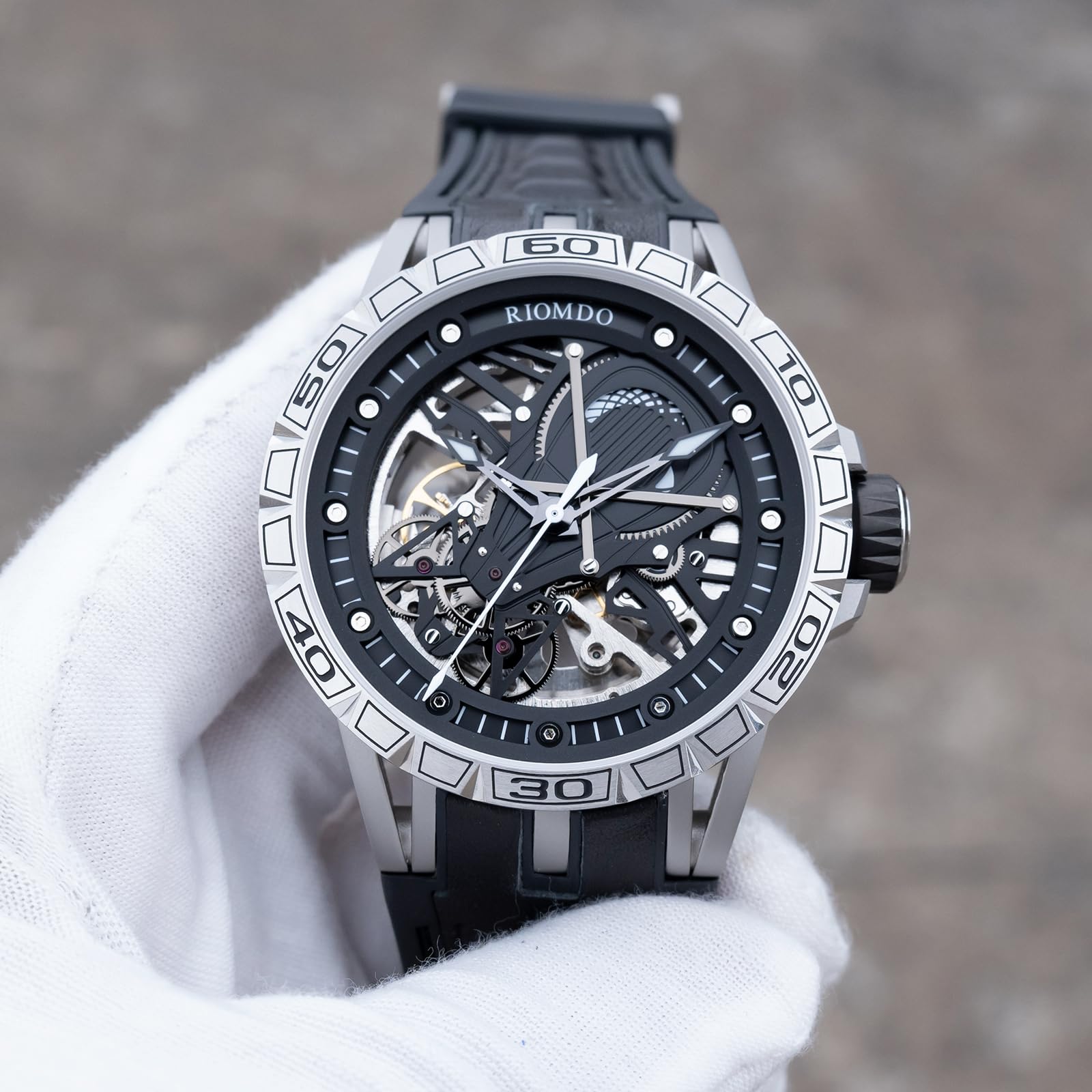 OBLVLO Orologio meccanico da uomo, con quadrante grande, analogico, impermeabile, cinturino in gomma, stile militare, RD-903