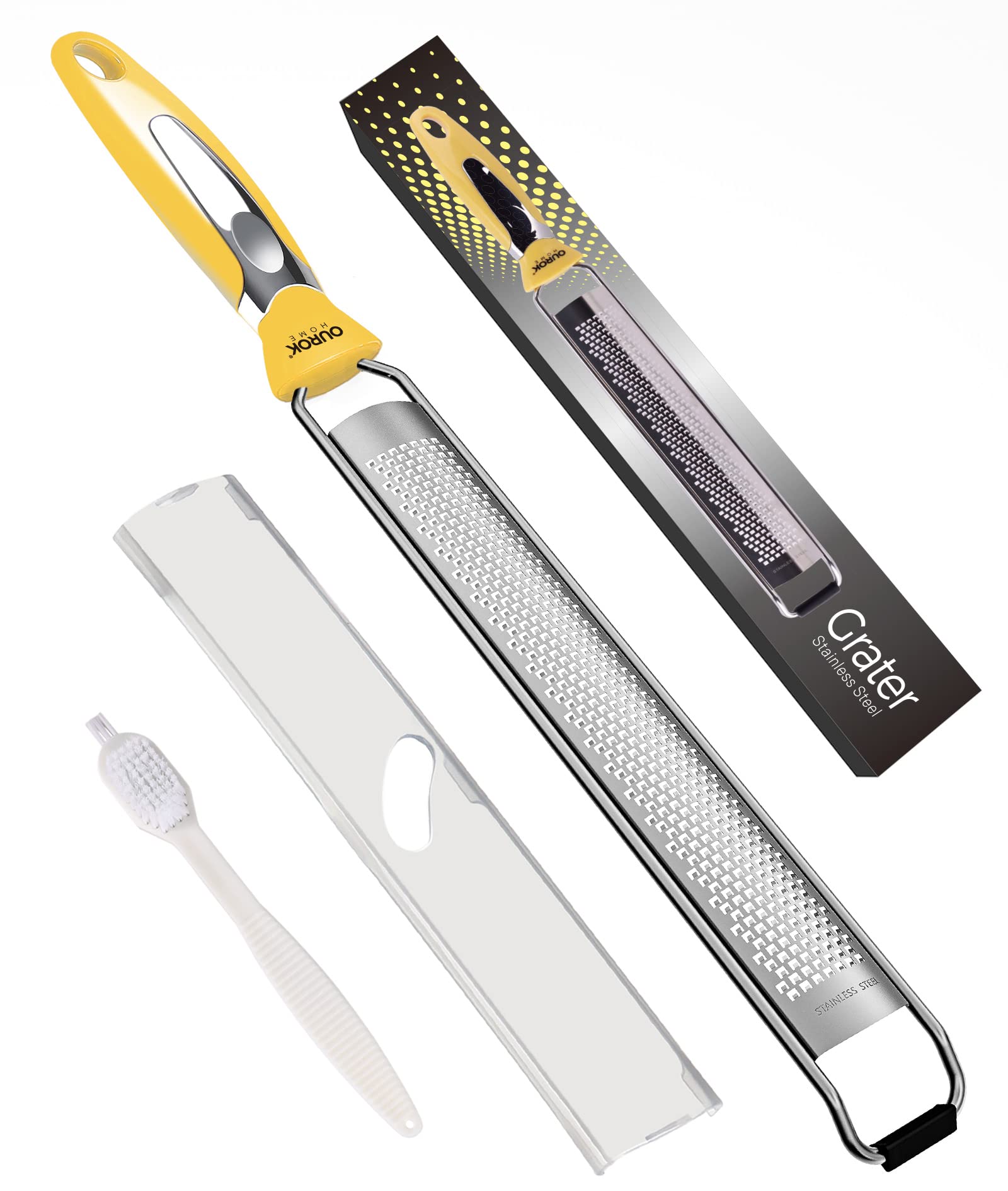 Ourokhome Kitchen Lemon Zester, Stainless Steel Hand Held Parmesan Cheese Grater for Ginger, Chocolate, Coconut, Lime, Nutmeg, Citrus, Fruit, Vegetable with Cleaning Brush, Dishwasher safe, Yellow