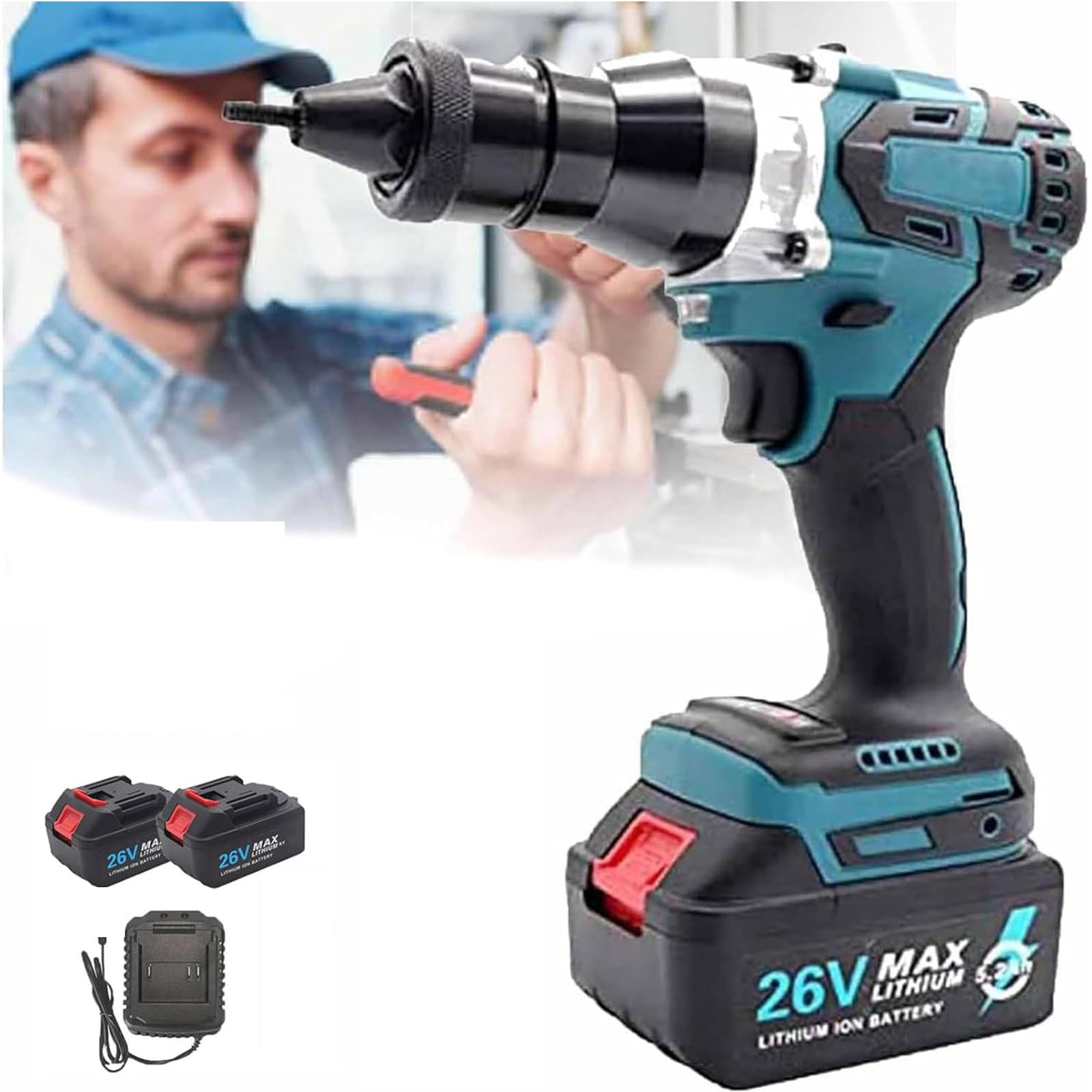Pince à Riveter électrique pour écrous M3 à M12, riveteuse Automatique Portable, avec Batterie 26 V 5200 mAh, Chargeur et Mallette de Transport. (2 Batteries)