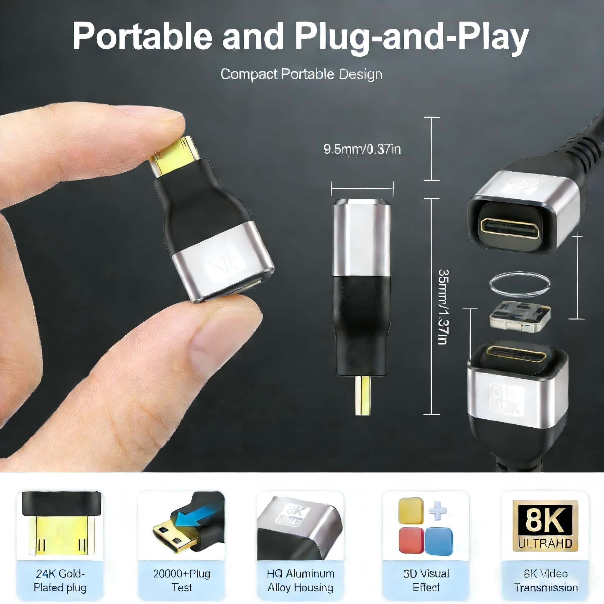 Adattatore da mini e micro HDMI a HDMI, 1 paio di accoppiatori HDMI maschio-femmina | HDMI 2.1 48 Gbps, 8K a 60 Hz, 4K a 120 Hz, HDR 3D Dolby, compatibile con Xbox, PS5, Raspberry Pi, fotocamera e così via